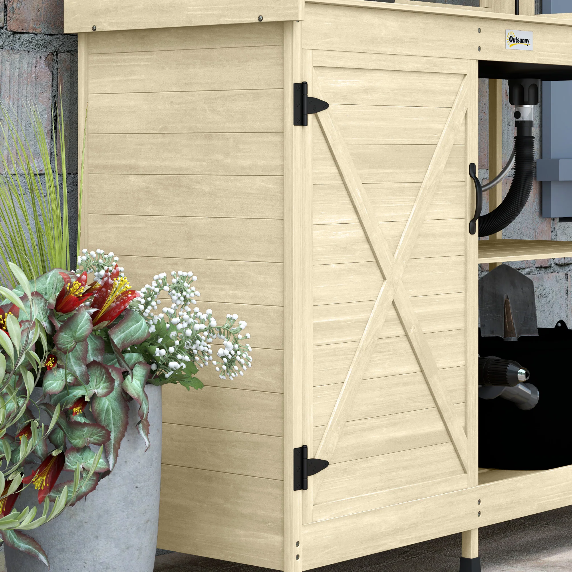 Outdoor Wooden Potting Bench w/Sink and Water Tap,Storage Cabinet & Drawer Shelves, Natural - Image 11