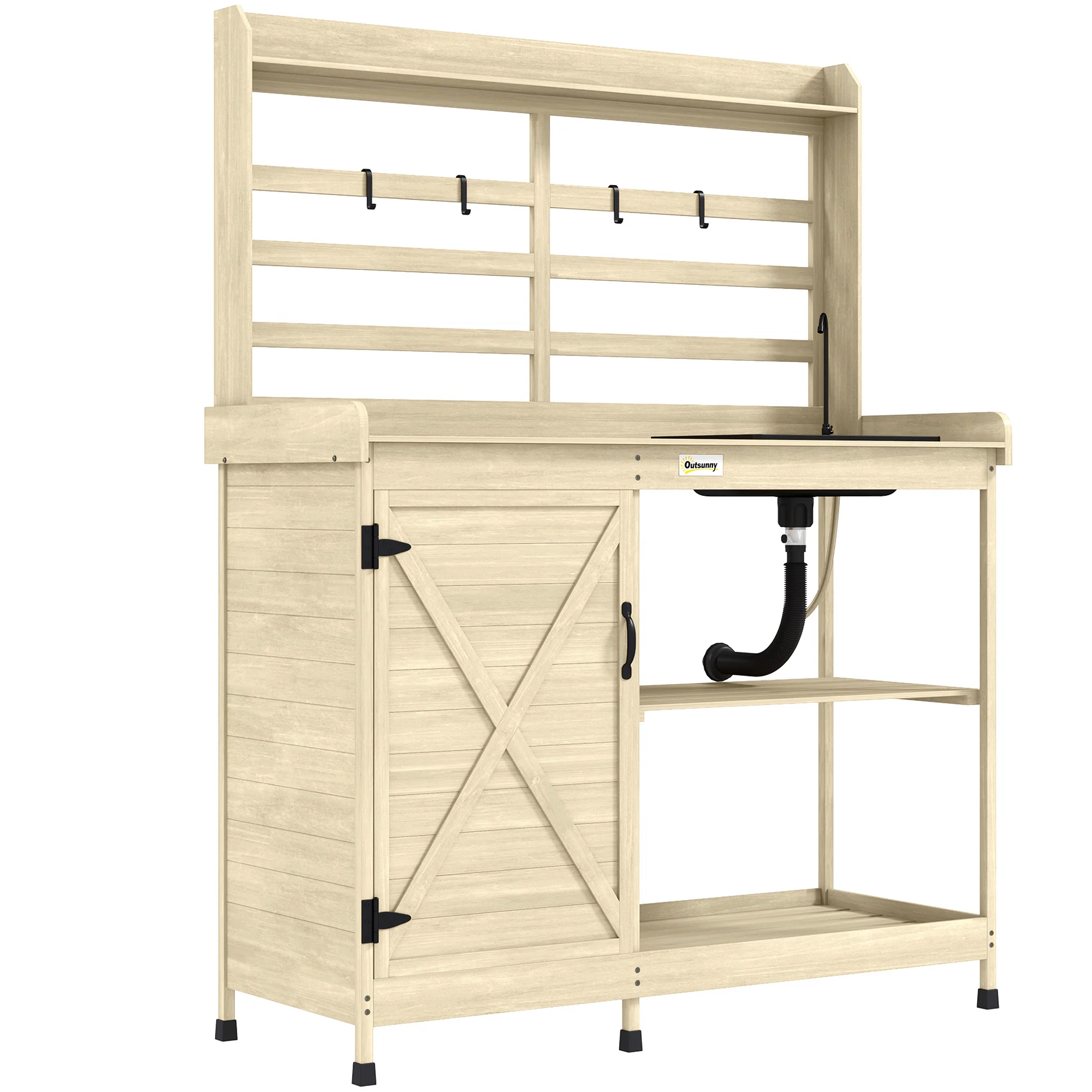 Outdoor Wooden Potting Bench w/Sink and Water Tap,Storage Cabinet & Drawer Shelves, Natural - Image 12