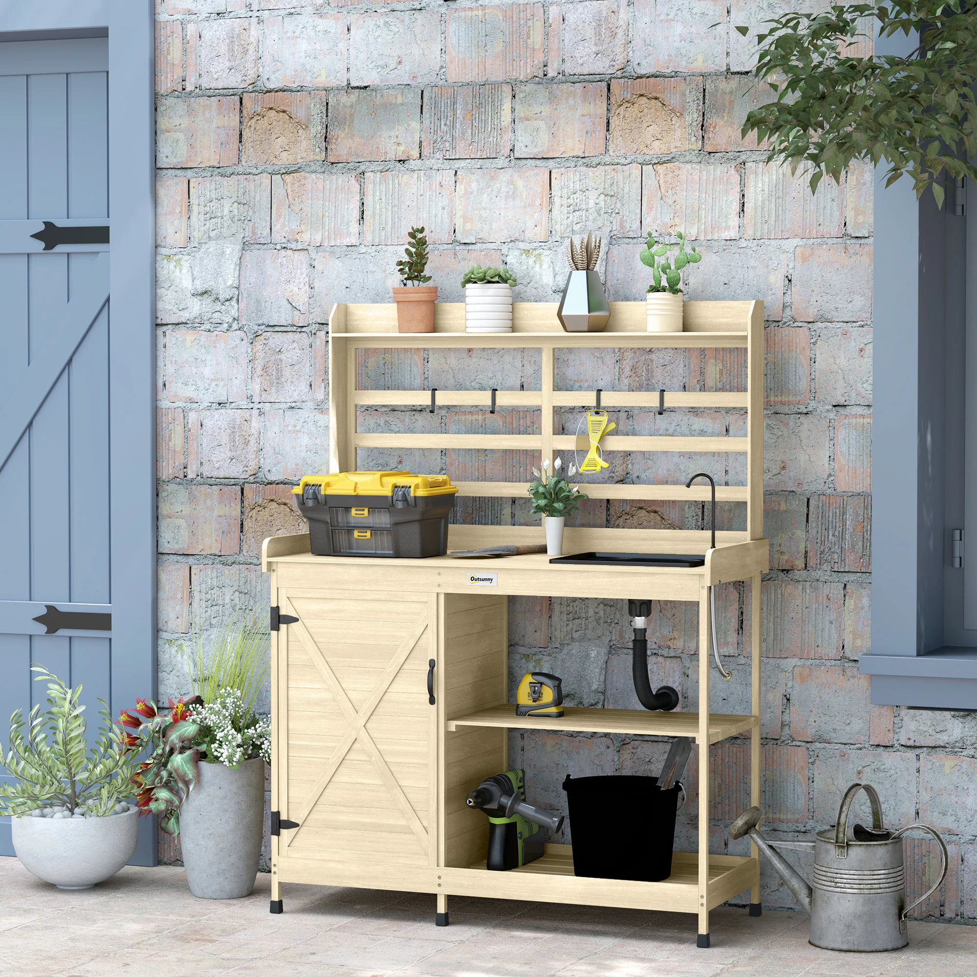 Outdoor Wooden Potting Bench w/Sink and Water Tap,Storage Cabinet & Drawer Shelves, Natural - Image 4