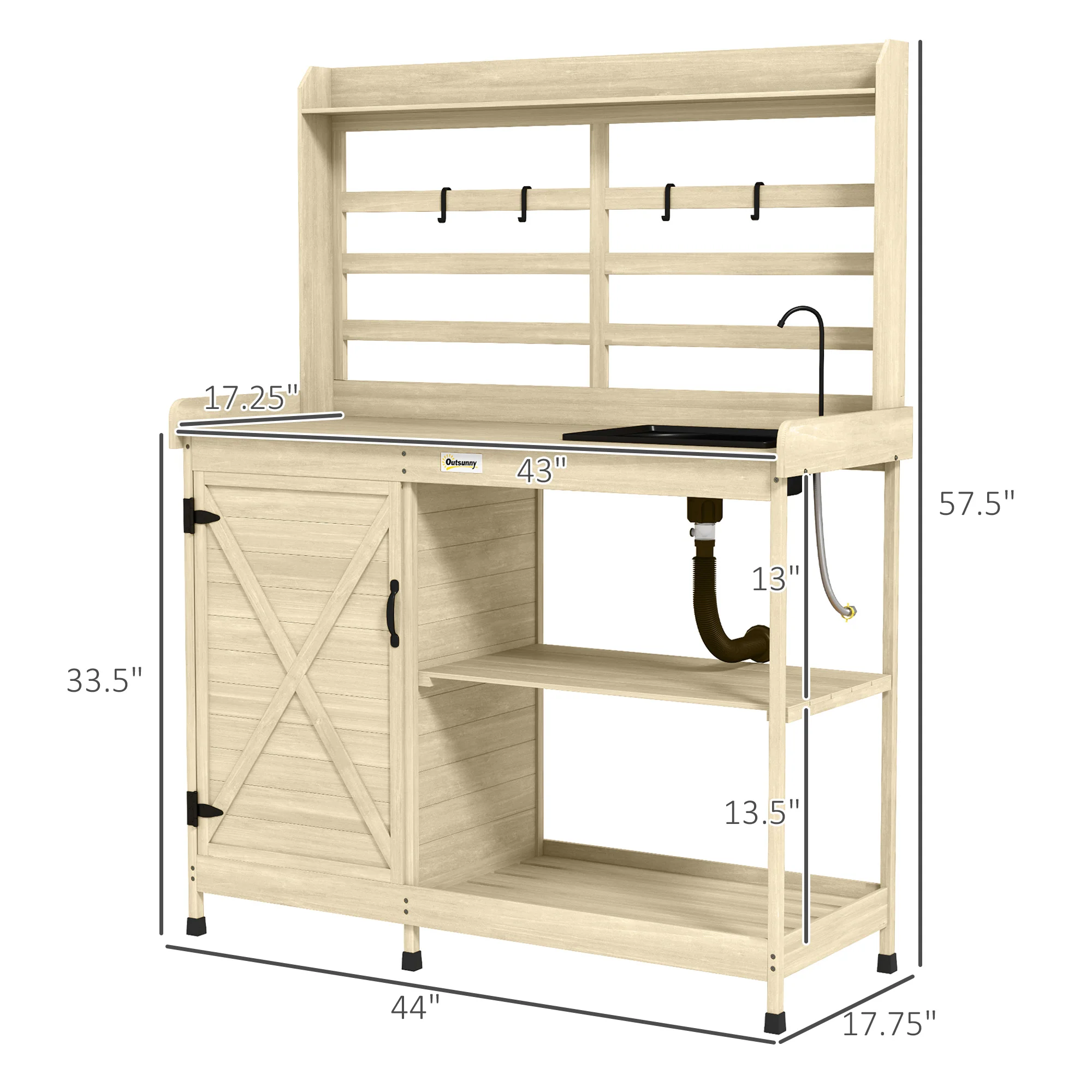 Outdoor Wooden Potting Bench w/Sink and Water Tap,Storage Cabinet & Drawer Shelves, Natural - Image 5
