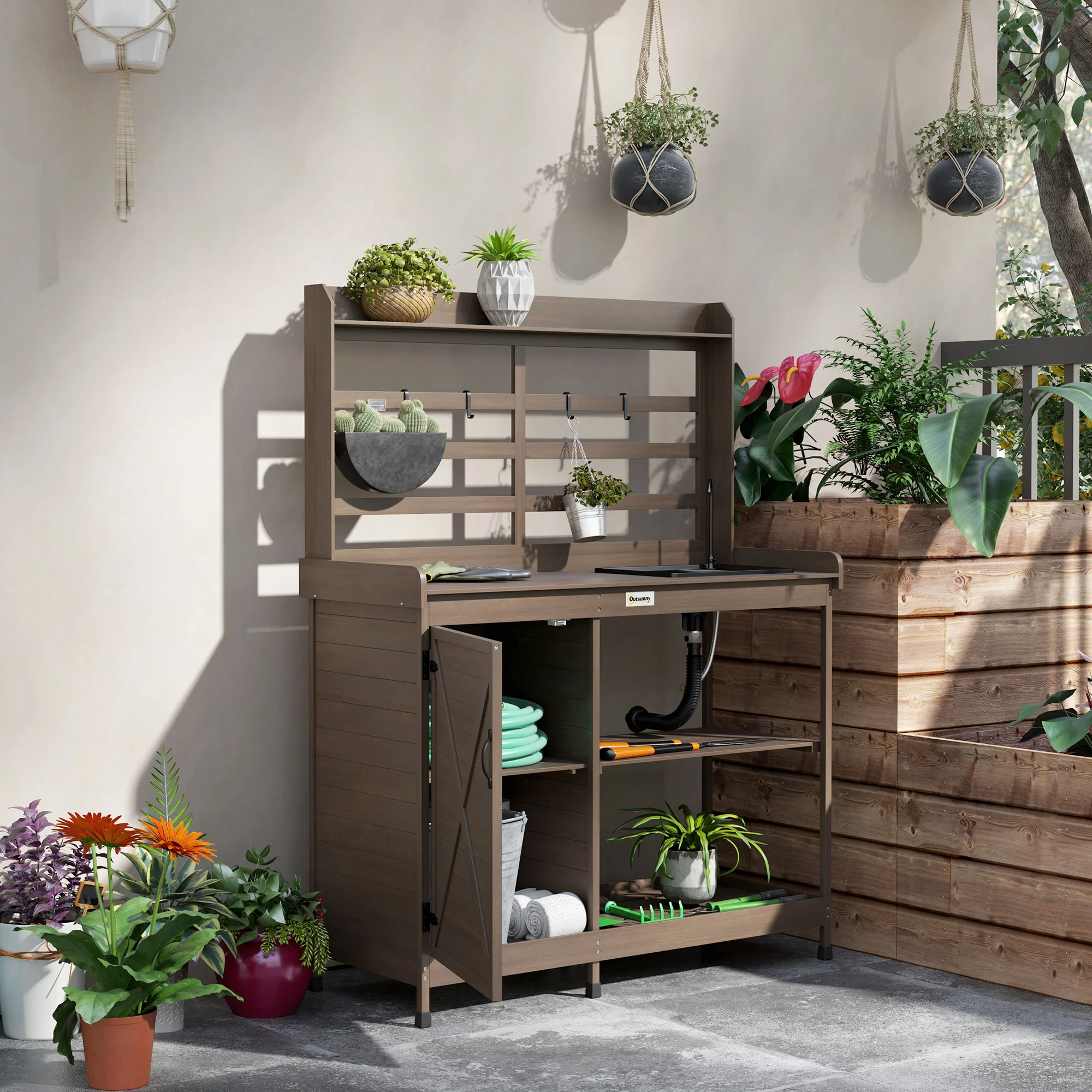 Wooden Potting Bench w/Sink and Water Tap,Storage Cabinet & Drawer Shelves, Dark Brown - Image 3