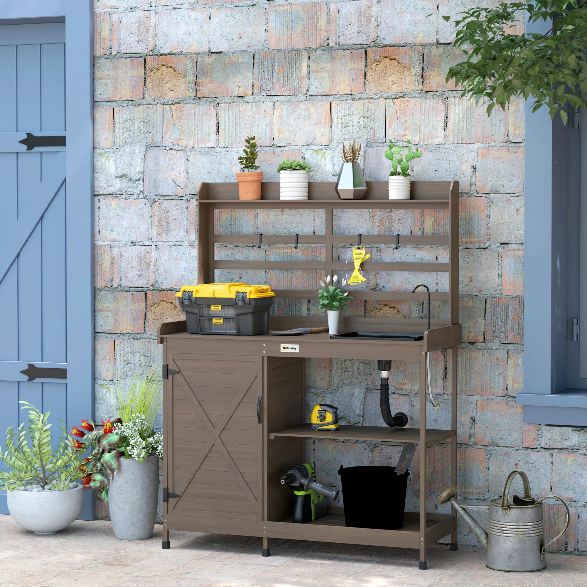 Wooden Potting Bench w/Sink and Water Tap,Storage Cabinet & Drawer Shelves, Dark Brown - Image 4