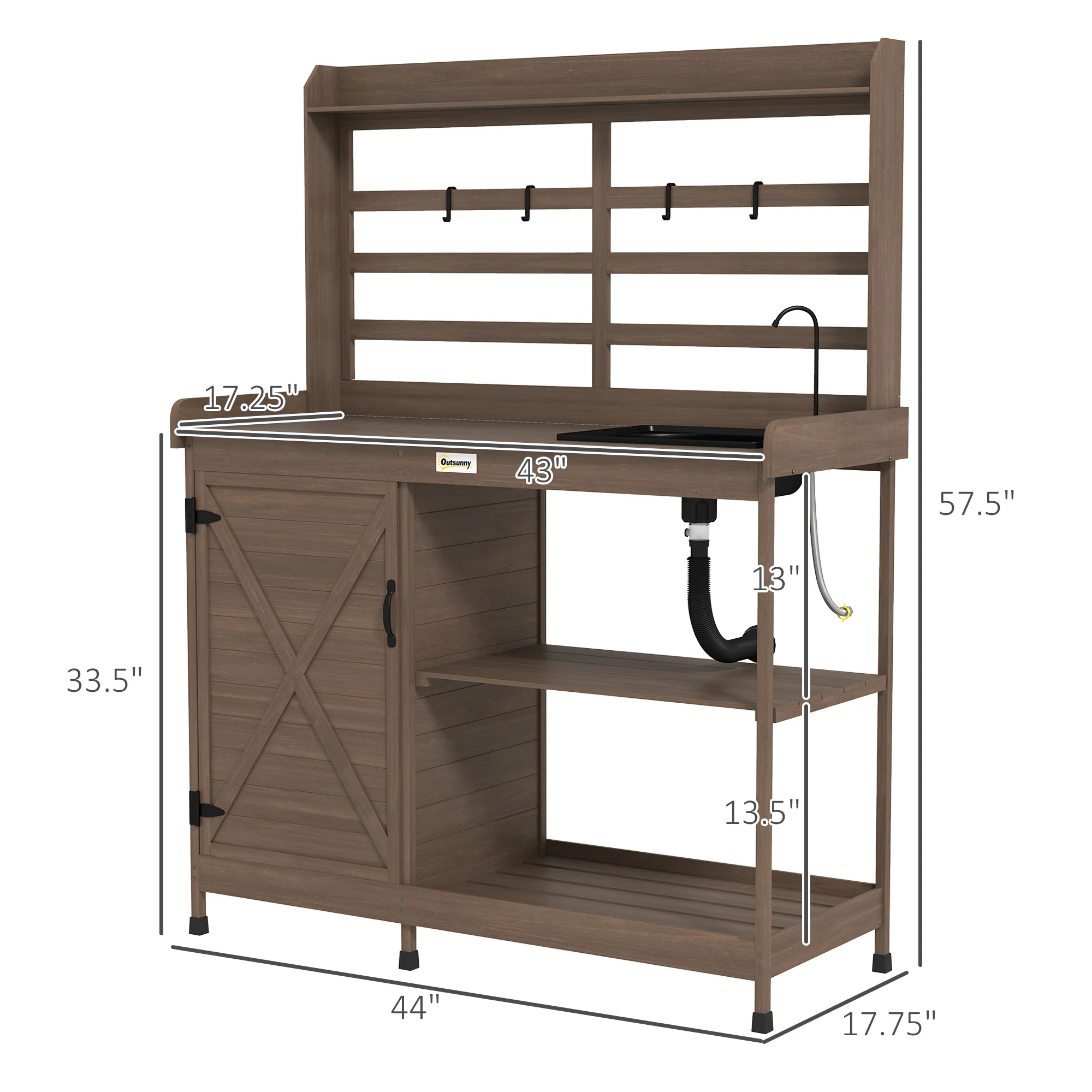 Wooden Potting Bench w/Sink and Water Tap,Storage Cabinet & Drawer Shelves, Dark Brown - Image 5