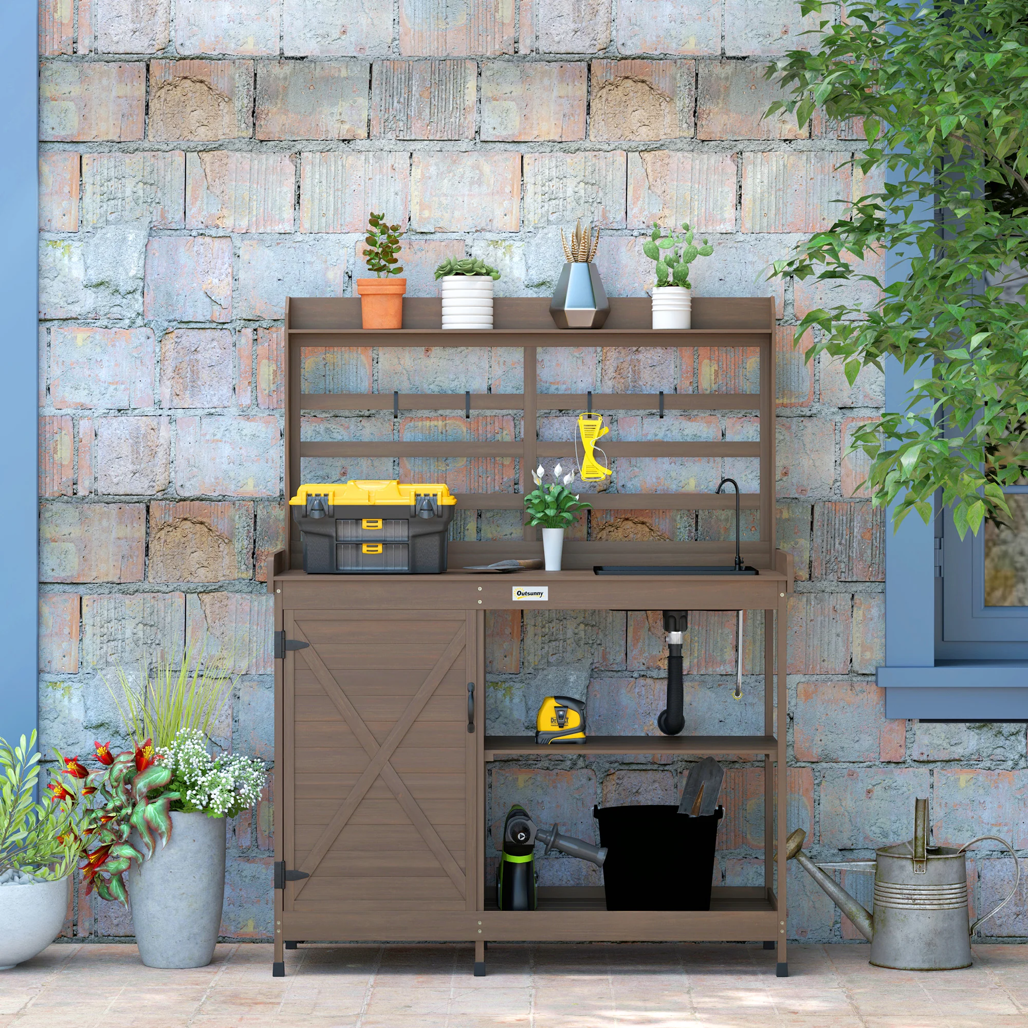 Wooden Potting Bench w/Sink and Water Tap,Storage Cabinet & Drawer Shelves, Dark Brown - Image 9