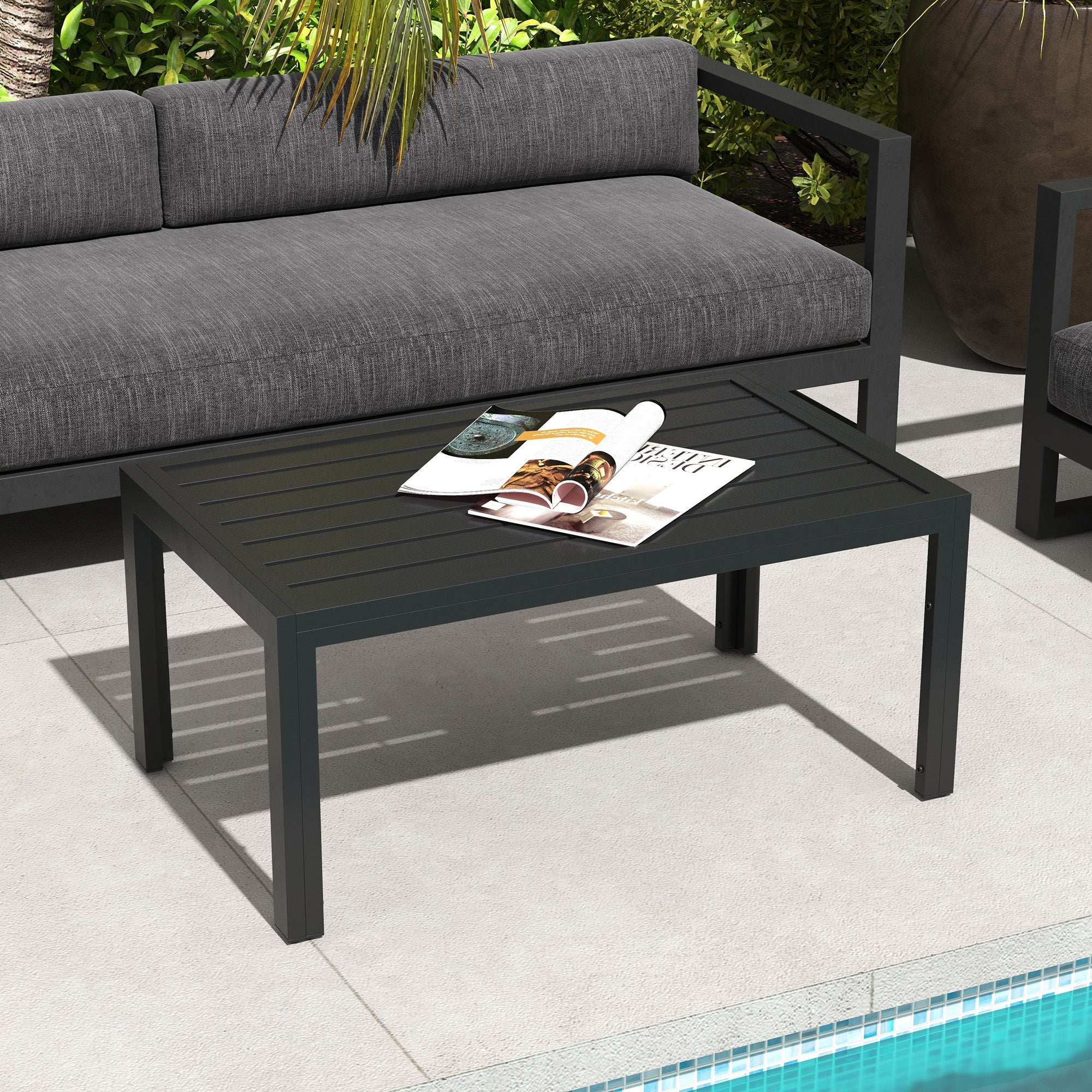 40" x 24" Rectangular Outdoor Coffee Table with Steel Frame and Slat Tabletop, Black - Image 3