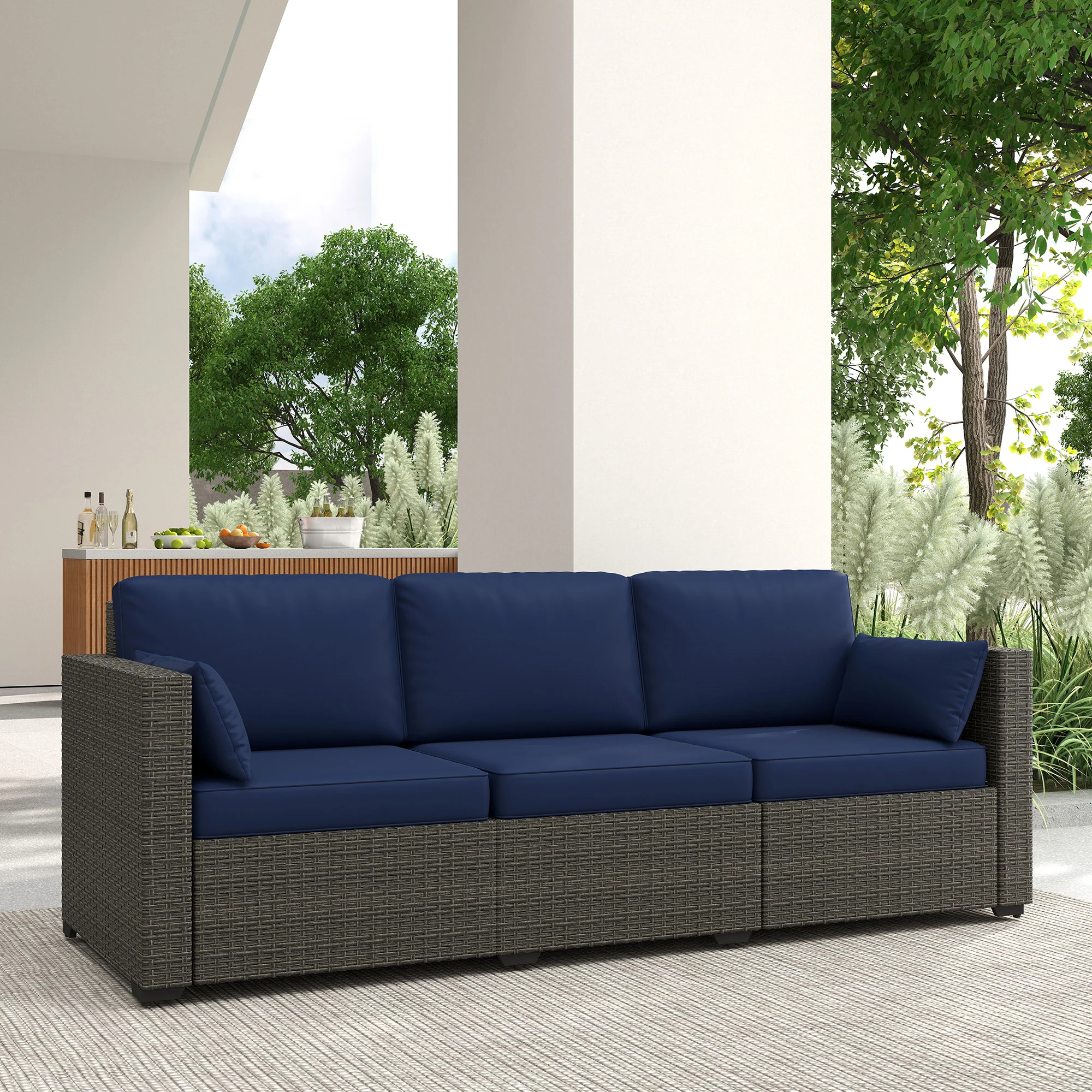 3-Seater PE Wicker Outdoor Sofa with Deep Seating & Removable Cushions, Navy Blue - Image 10