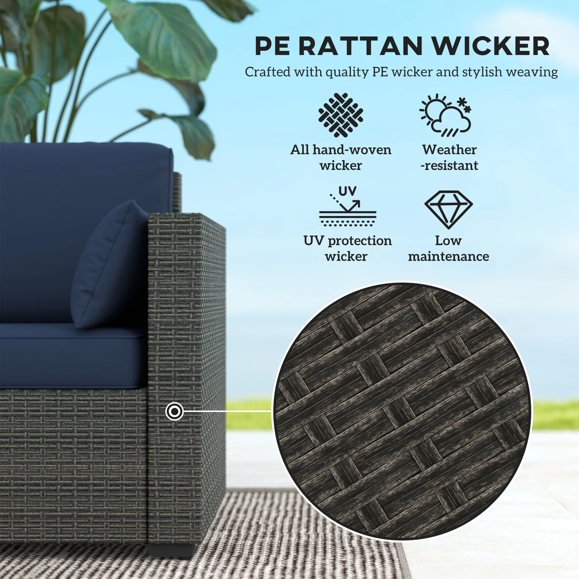 3-Seater PE Wicker Outdoor Sofa with Deep Seating & Removable Cushions, Navy Blue - Image 6