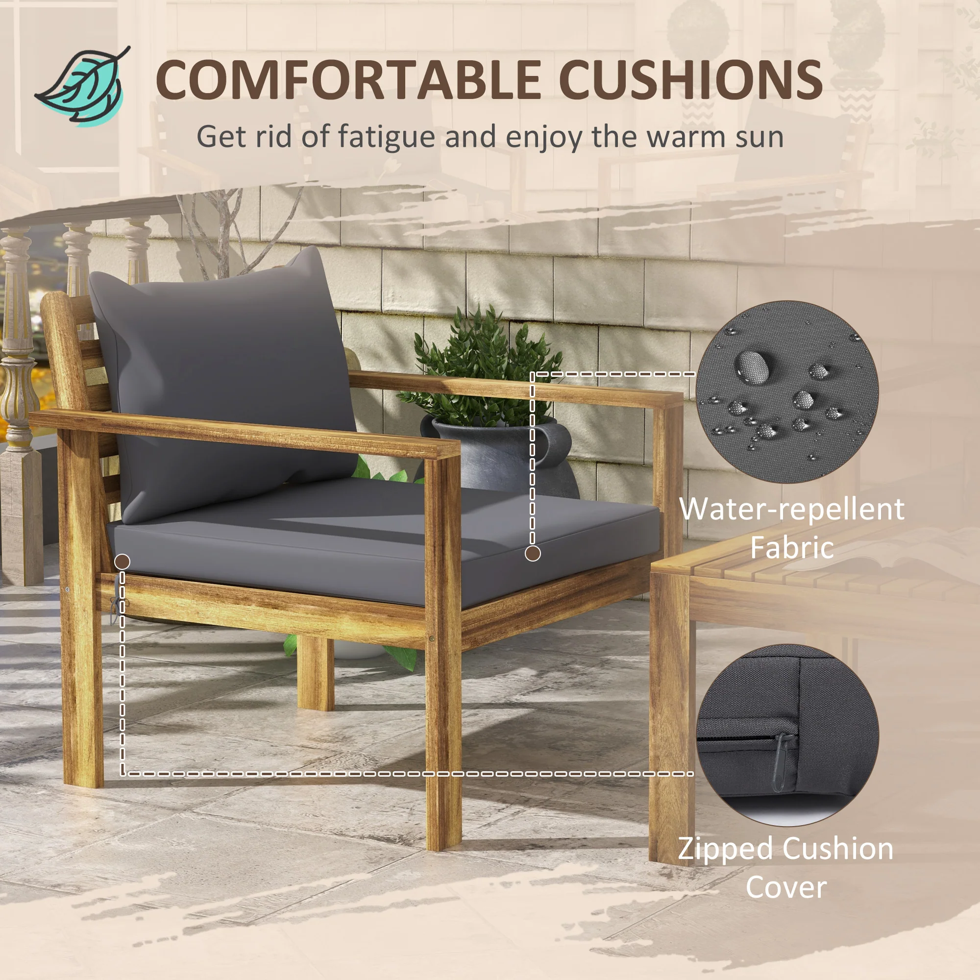 4-Piece Acacia Wood Outdoor Sofa Set with Cushions & Table, Gray - Image 7