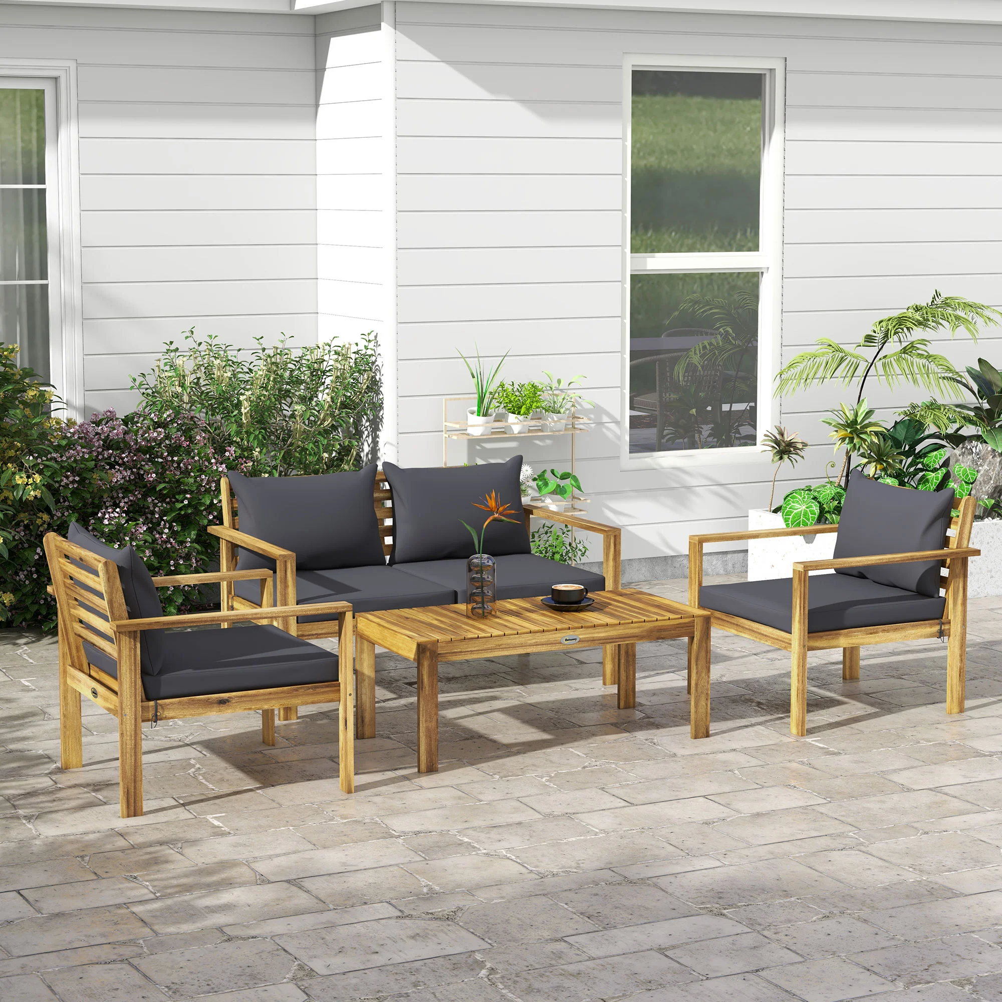 4-Piece Acacia Wood Outdoor Sofa Set with Cushions & Table, Gray - Image 9