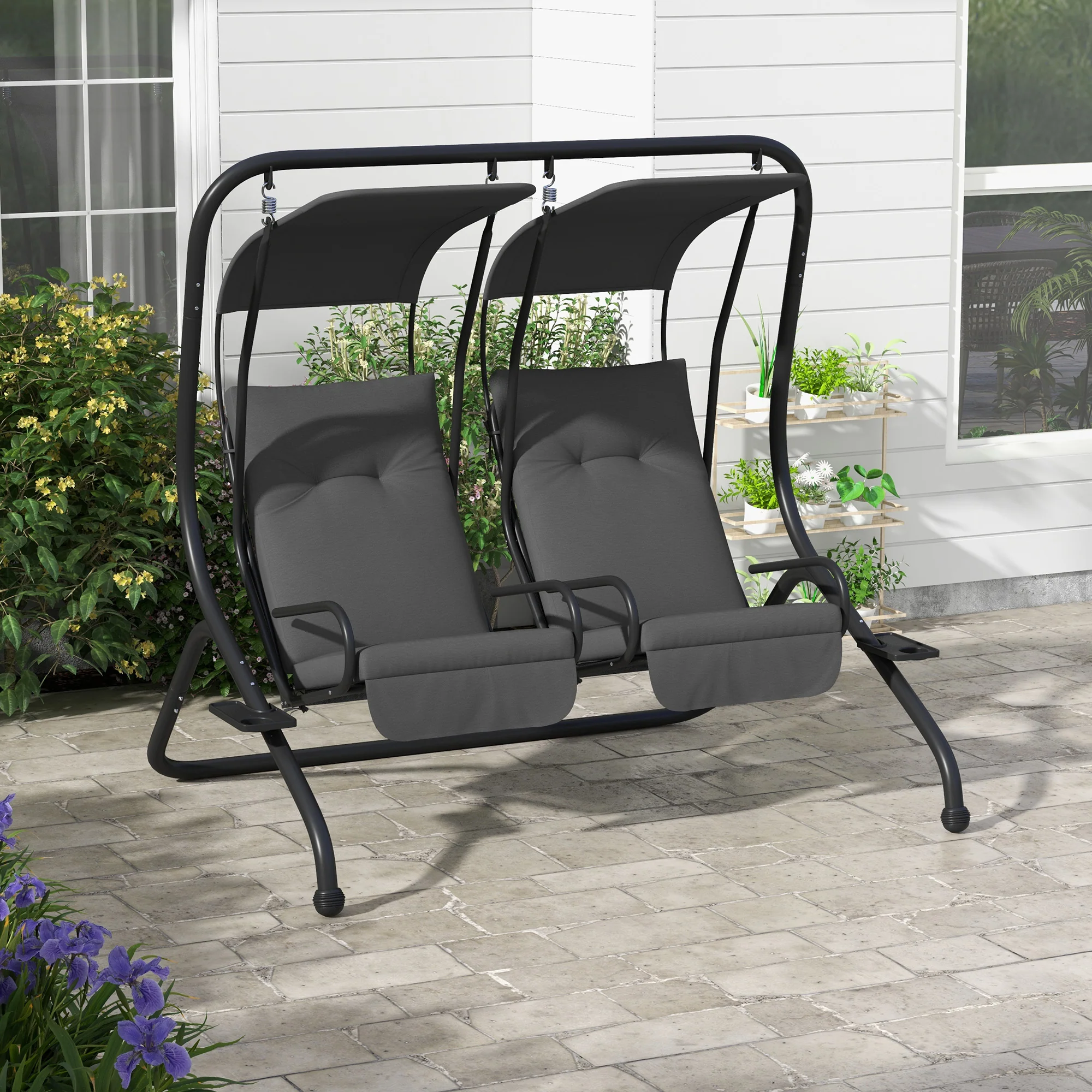 2-Seater Outdoor Swing Chair with Canopy for Porch, Patio, Backyard - Gray - Image 4
