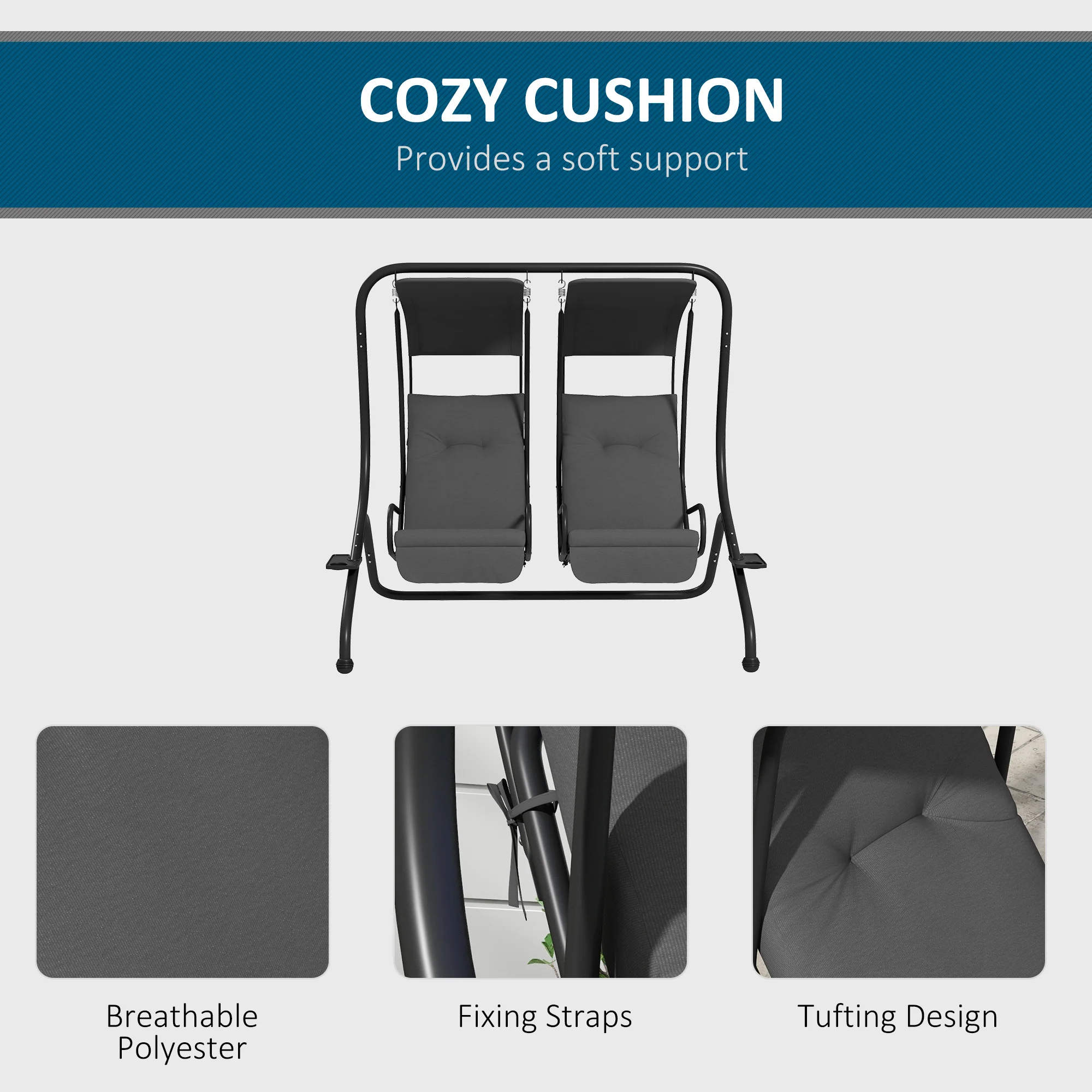 2-Seater Outdoor Swing Chair with Canopy for Porch, Patio, Backyard - Gray - Image 8