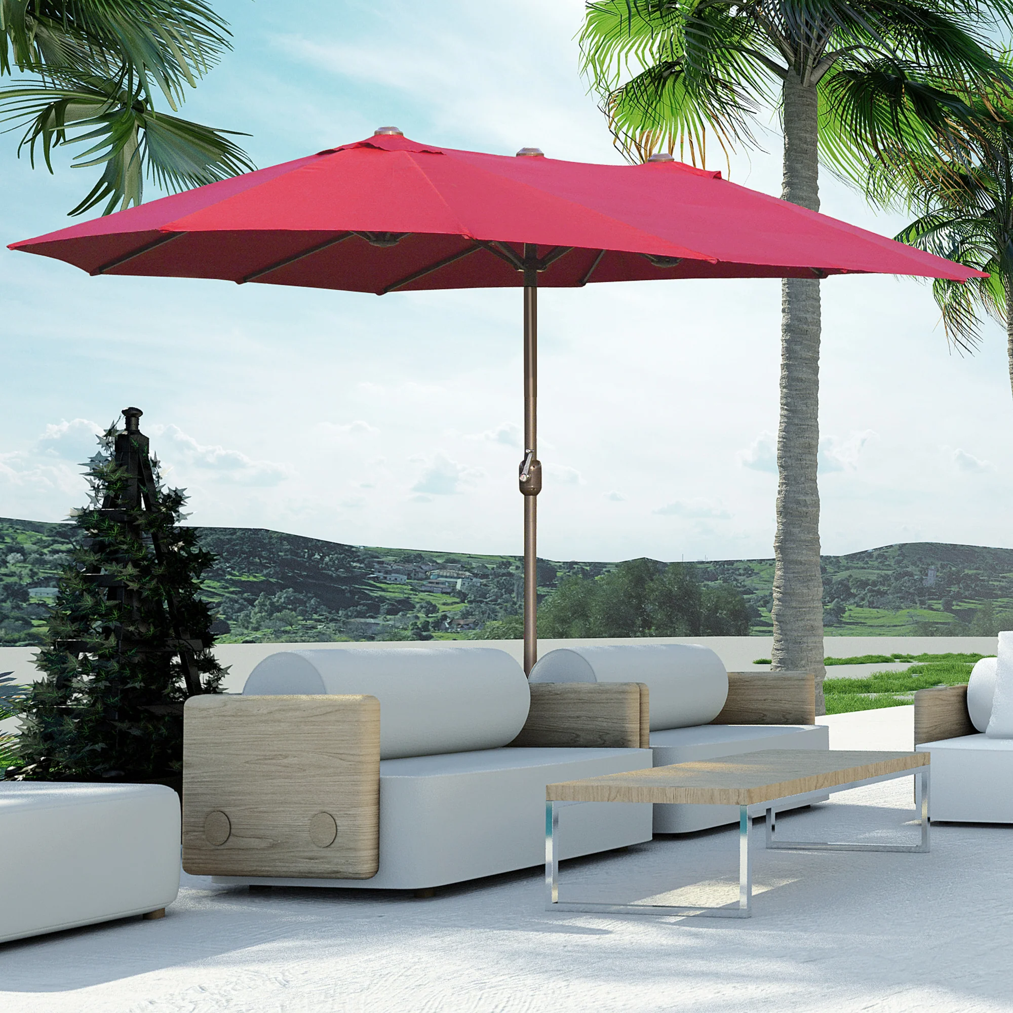 15' Rectangular Double-Sided Market Umbrella w/ Base, UV Protection & Crank, Wine Red - Image 3