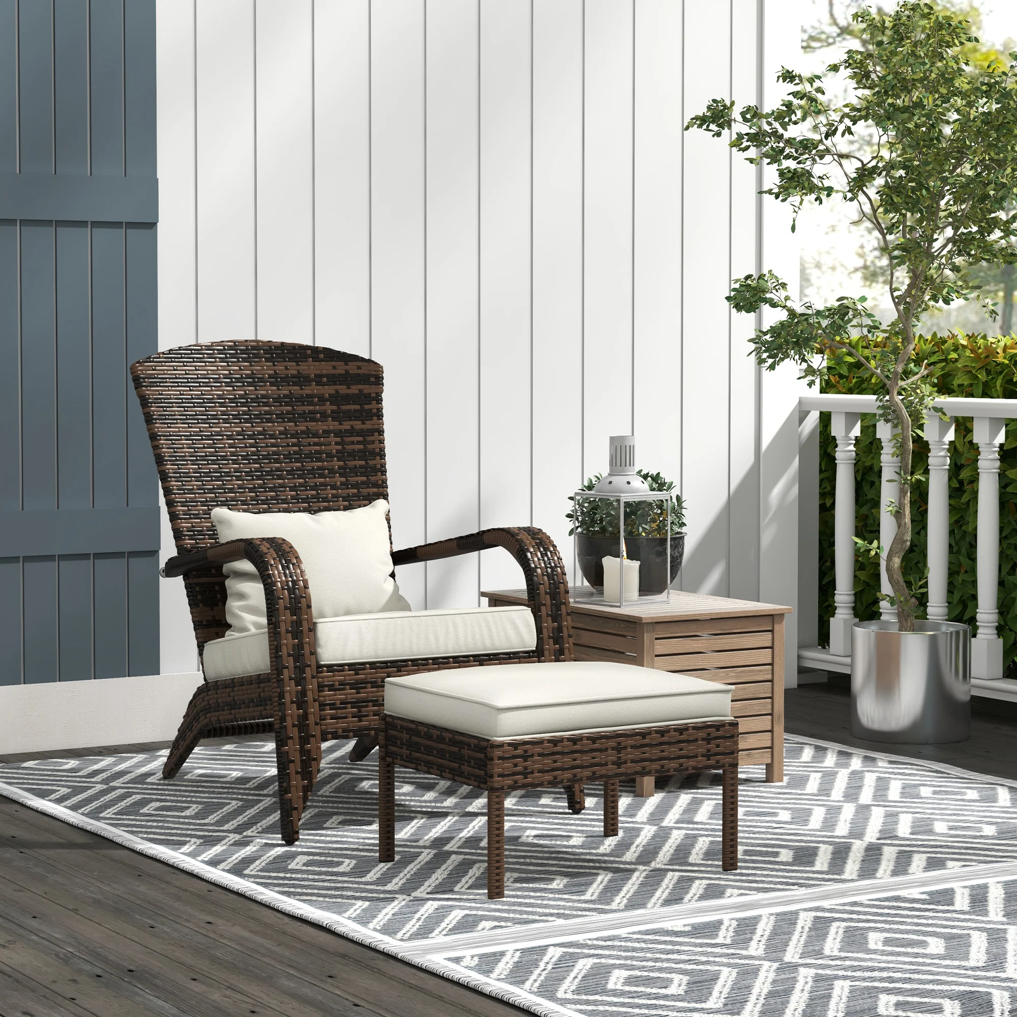 Porch Chair with Ottoman, Outdoor Fire Pit Chair with Cushions, High-Back, Cream White - Image 3