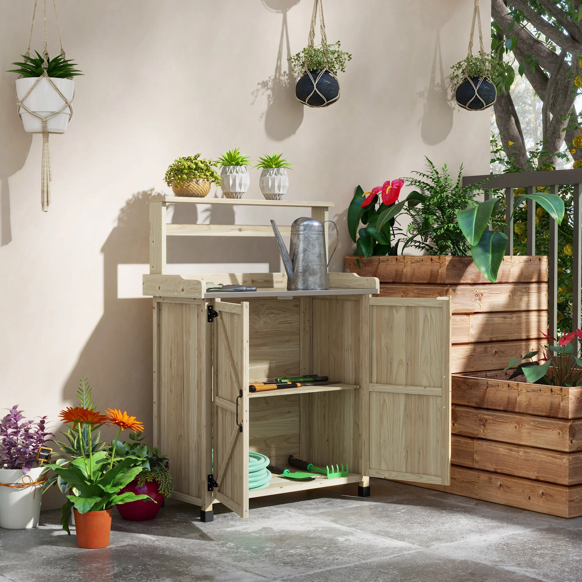 Outdoor Potting Bench Table with Storage Cabinet, Aluminum Tabletop, Rubber Wheels, Natural - Image 3