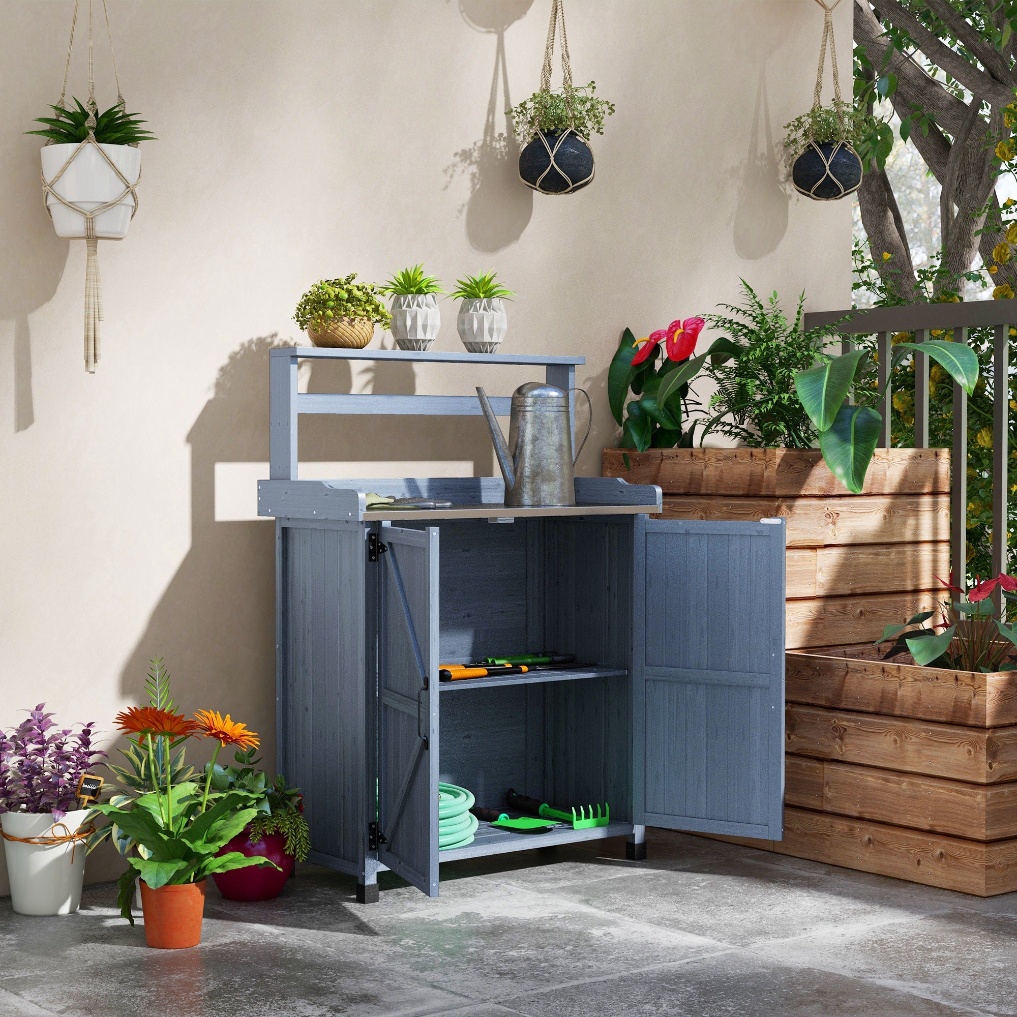 Outdoor Potting Bench with Storage Cabinet, Shelves, Galvanized Plated Tabletop, Gray - Image 3
