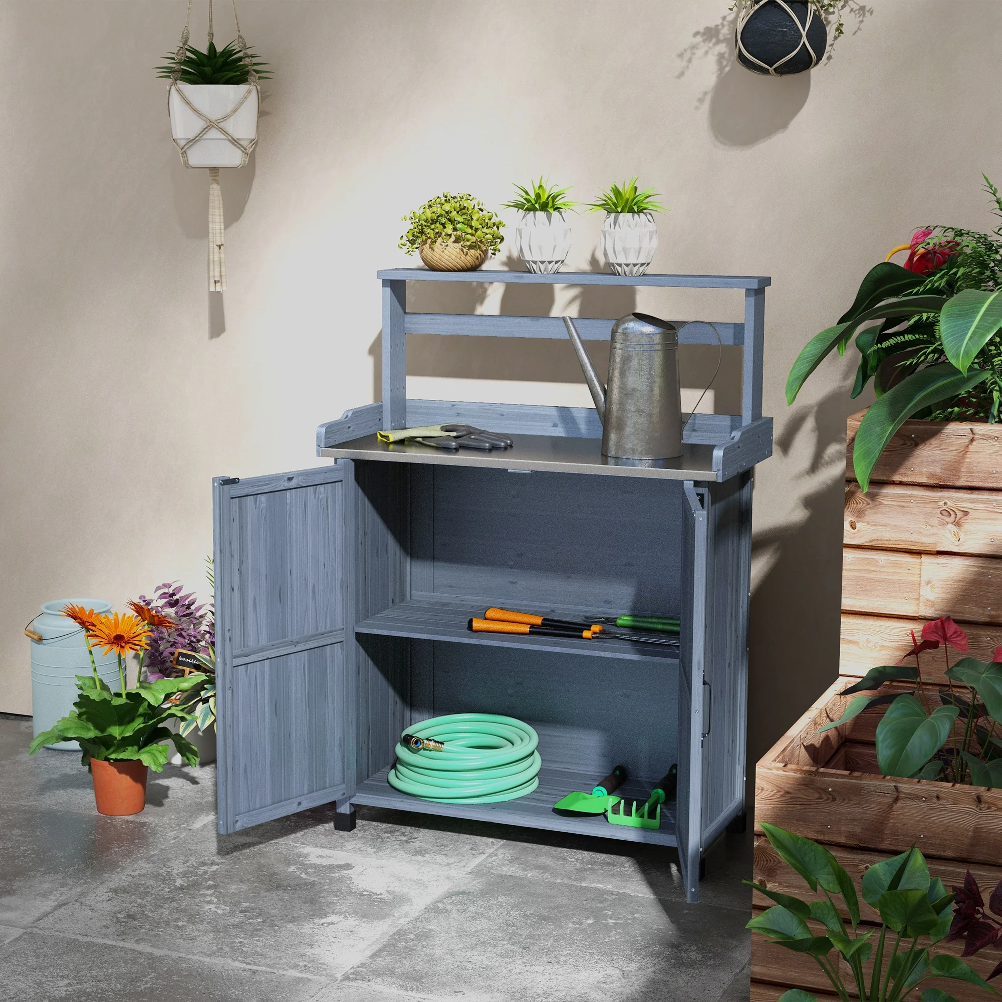 Outdoor Potting Bench with Storage Cabinet, Shelves, Galvanized Plated Tabletop, Gray - Image 9