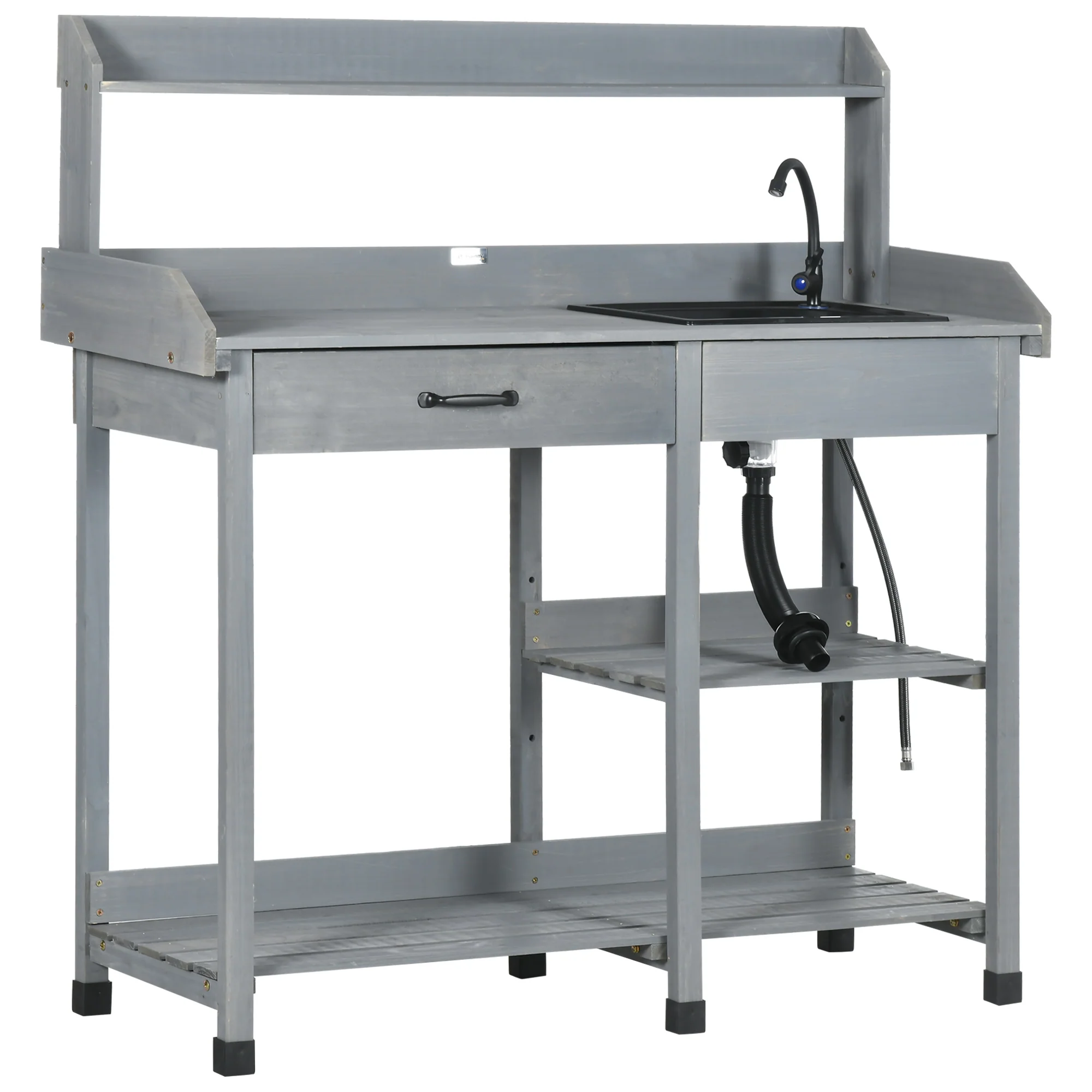 Potting Bench Table with Storage Shelves, Removable Sink, Faucet and Drawer, Gray