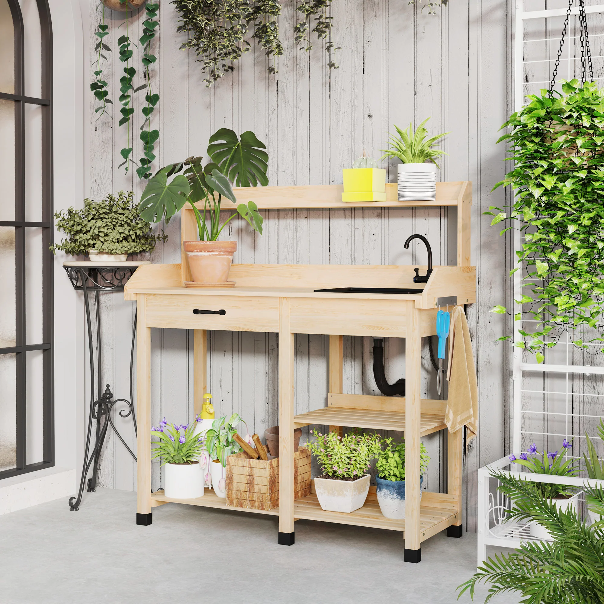 Potting Bench Table with Storage Shelves, Removable Sink, Faucet and Drawer, Natural Wood - Image 4