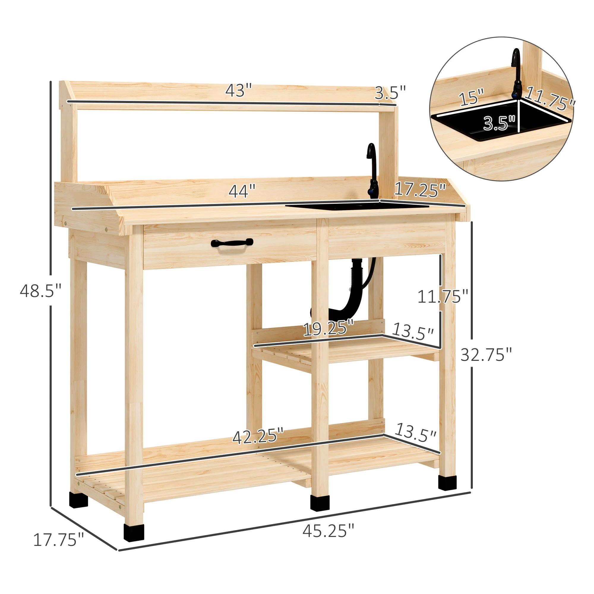 Potting Bench Table with Storage Shelves, Removable Sink, Faucet and Drawer, Natural Wood - Image 5