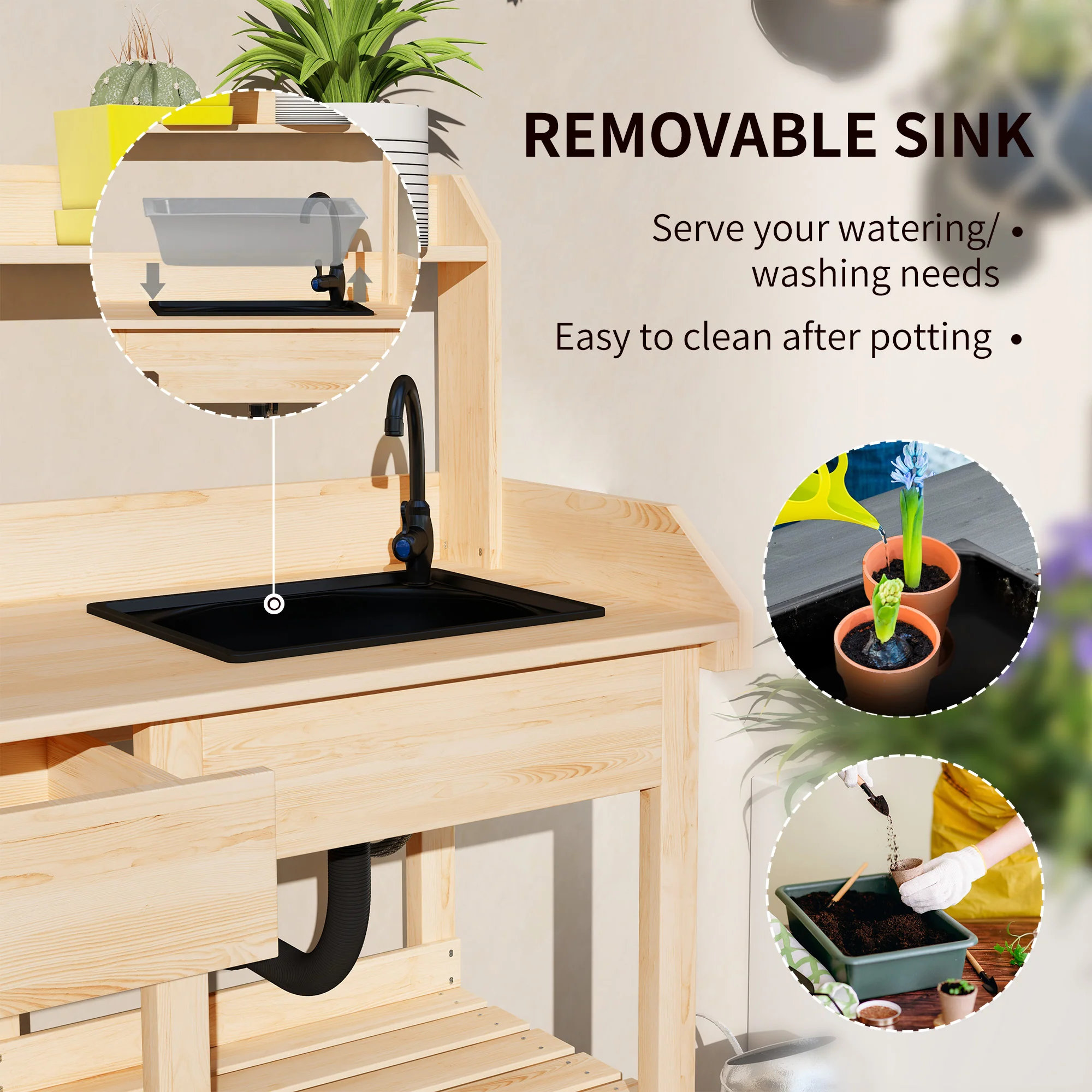 Potting Bench Table with Storage Shelves, Removable Sink, Faucet and Drawer, Natural Wood - Image 6