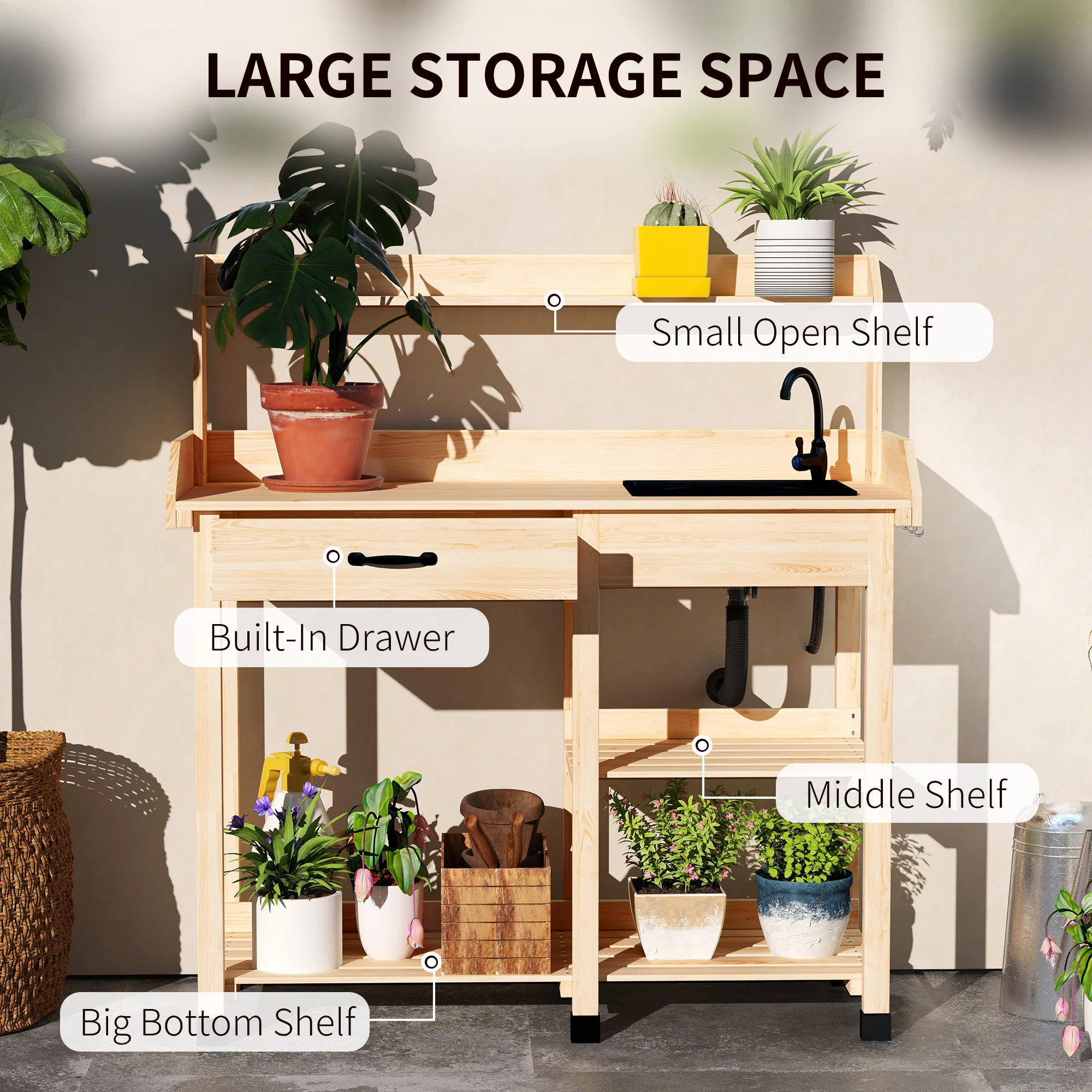 Potting Bench Table with Storage Shelves, Removable Sink, Faucet and Drawer, Natural Wood - Image 7