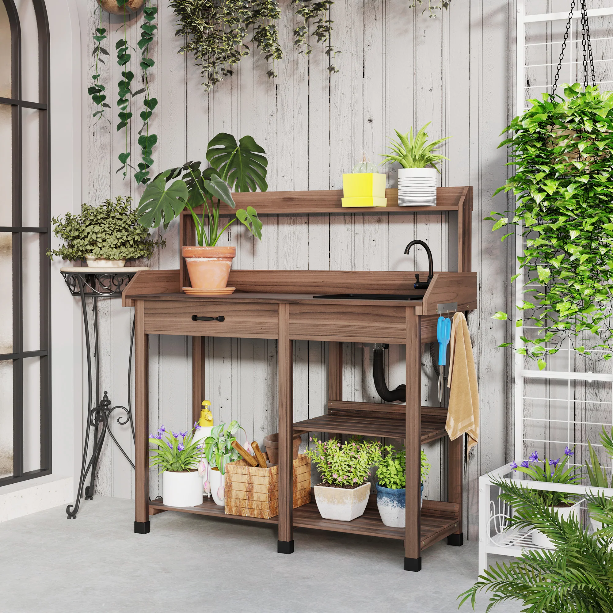 Potting Bench Table with Storage Shelves, Removable Sink, Faucet and Drawer, Dark Brown - Image 4