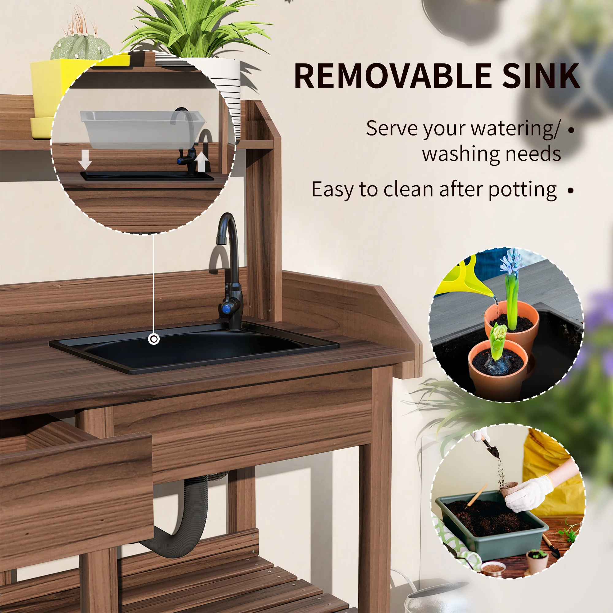 Potting Bench Table with Storage Shelves, Removable Sink, Faucet and Drawer, Dark Brown - Image 6