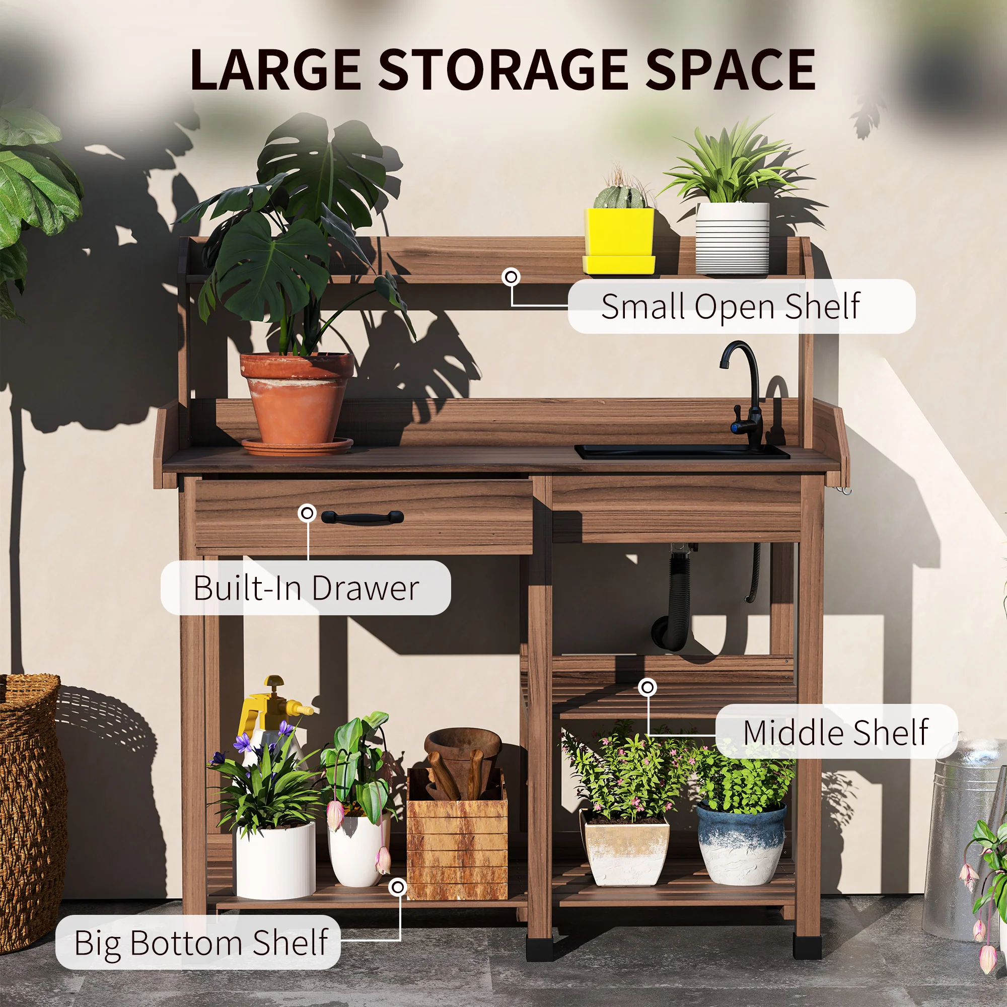 Potting Bench Table with Storage Shelves, Removable Sink, Faucet and Drawer, Dark Brown - Image 7