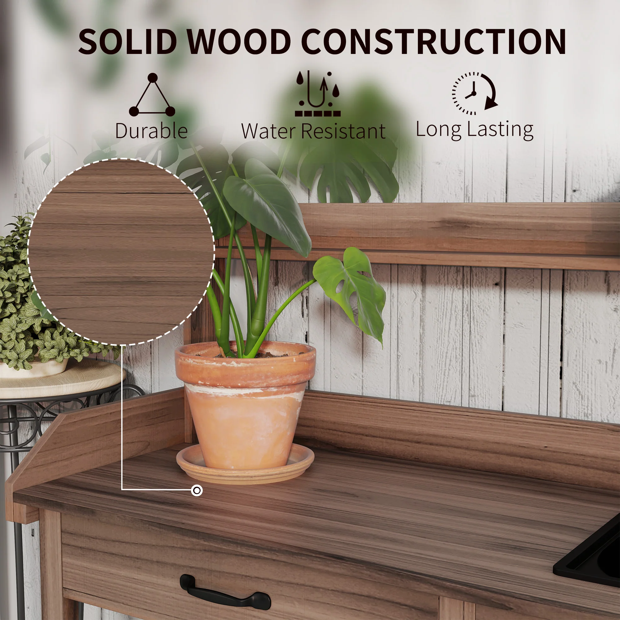 Potting Bench Table with Storage Shelves, Removable Sink, Faucet and Drawer, Dark Brown - Image 9