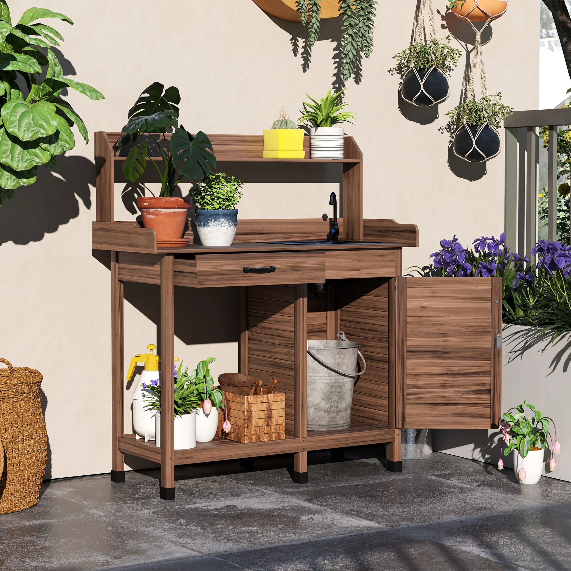 Garden Potting Table with Storage Cabinet, Removable Sink, Faucet and Drawer, Dark Brown - Image 3