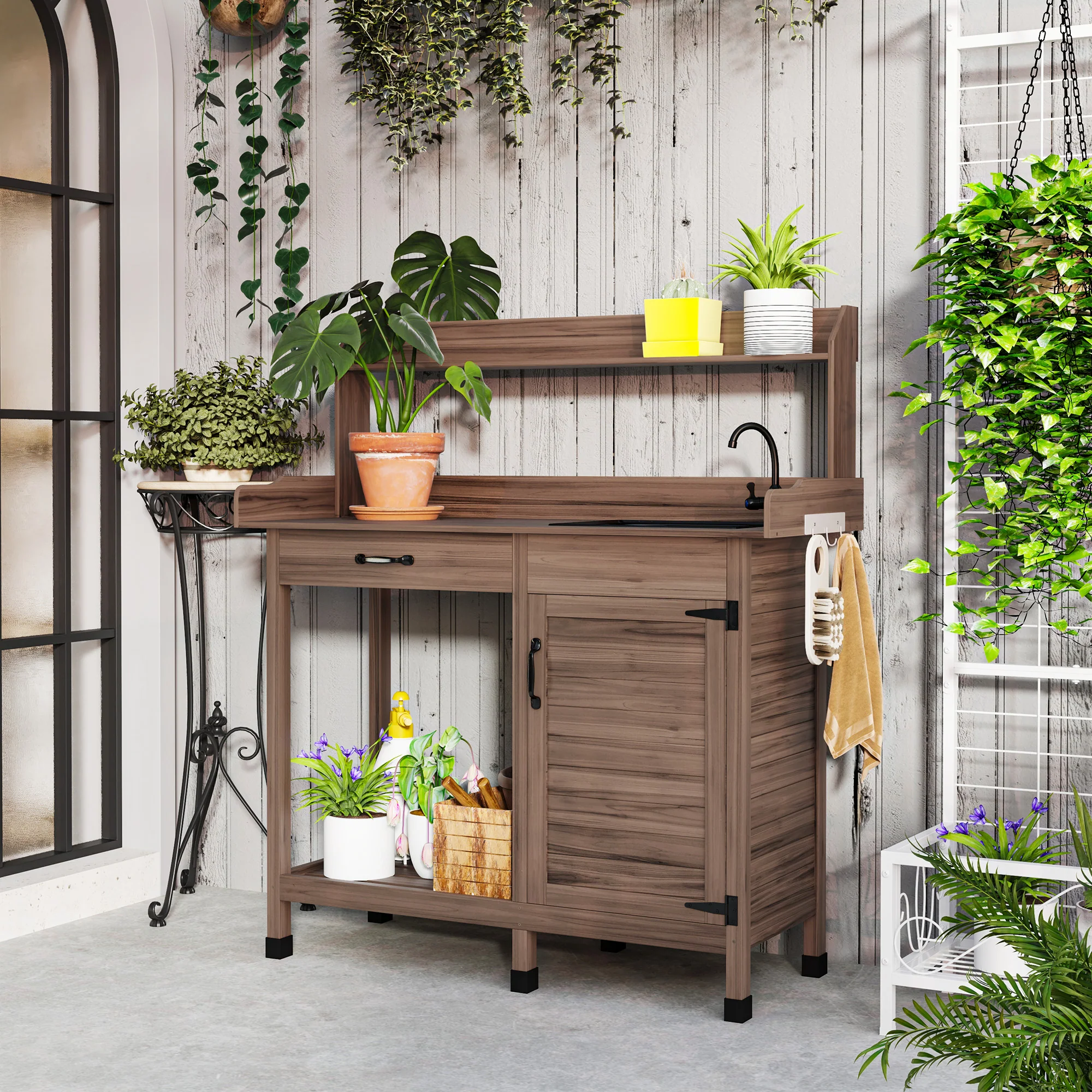Garden Potting Table with Storage Cabinet, Removable Sink, Faucet and Drawer, Dark Brown - Image 4