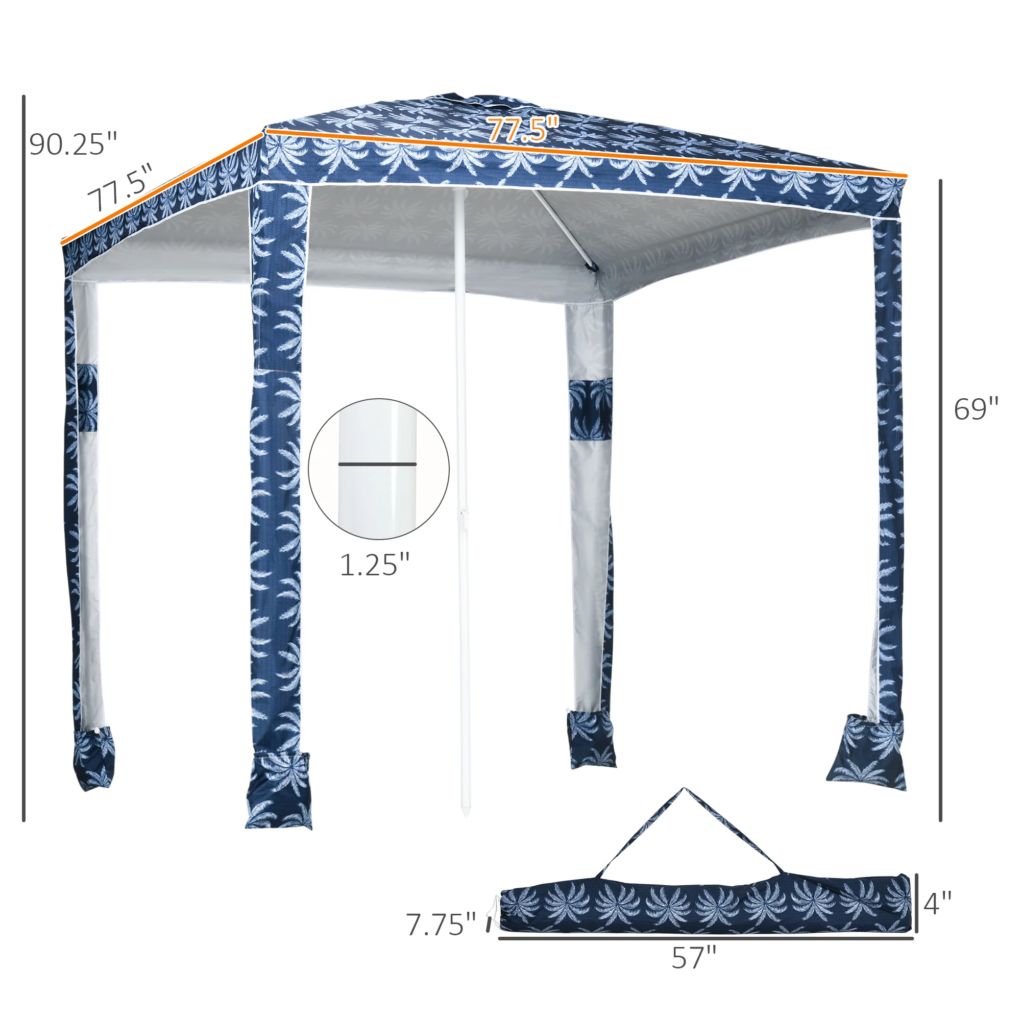 6.5' Beach Canopy Umbrella with UV50+ Protection & Sandbags, Easy Assembly, Blue Coconut Palm - Image 5