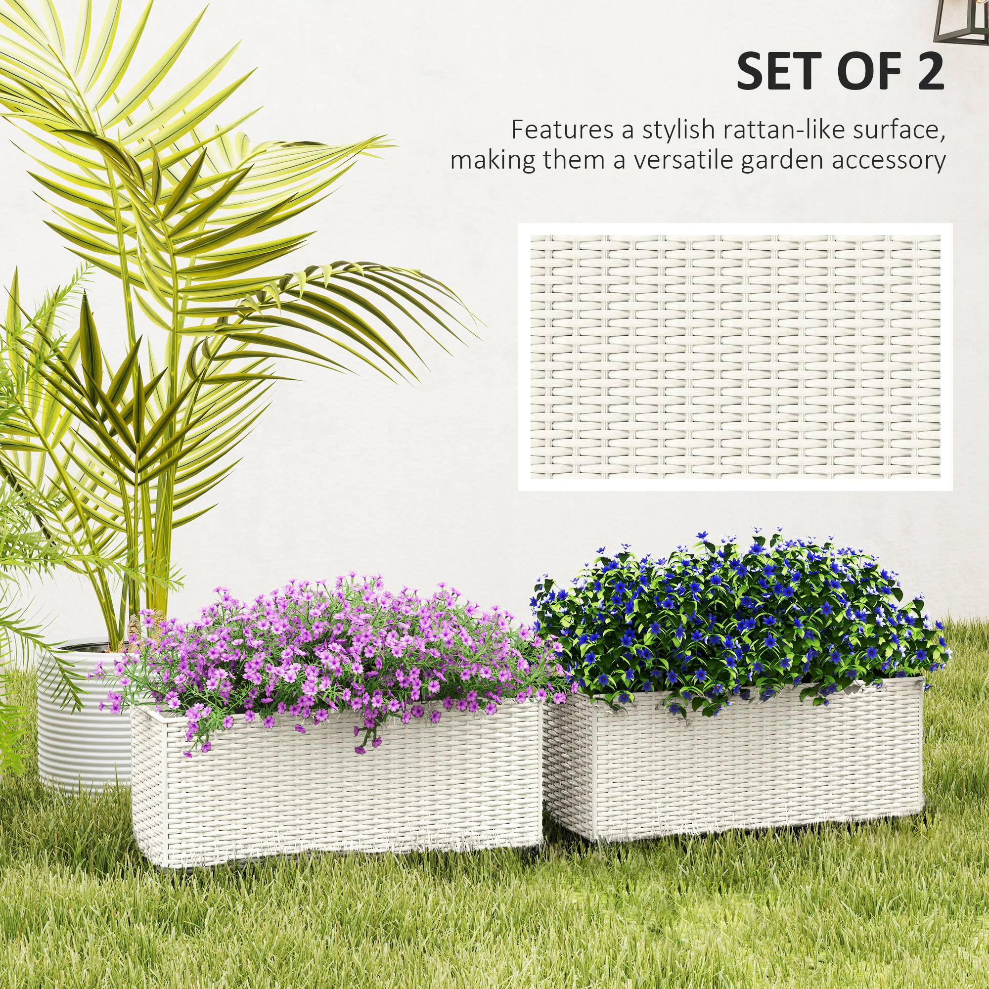 Railing Planter Box (2 Pack, 20 Inch), Self-Watering Hanging Flower Pots with Hooks for Fence, Balcony, Garden, Patio, Rattan Look, White - Image 6