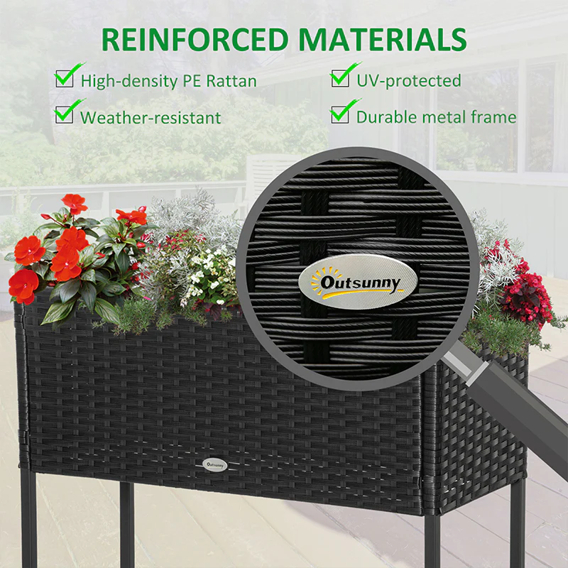 PE Rattan Raised Planter Bed with Tool Storage Shelf for Plants, Flowers, Herbs, Black - Image 7