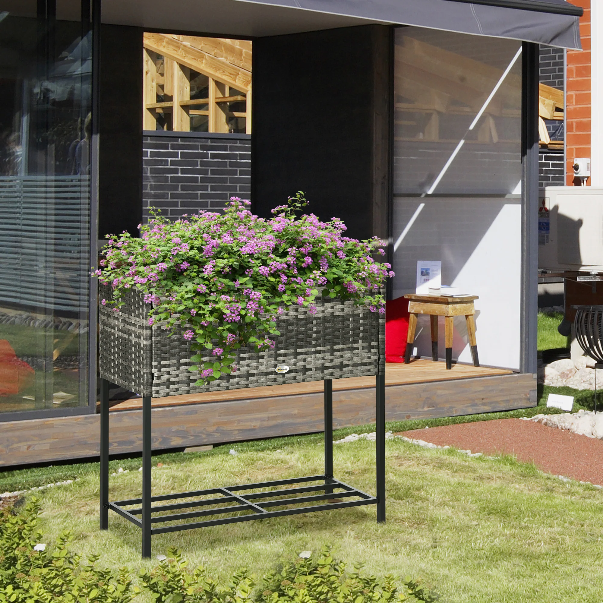 PE Rattan Raised Planter Bed with Tool Storage Shelf for Plants, Flowers, Herbs, Gray - Image 4
