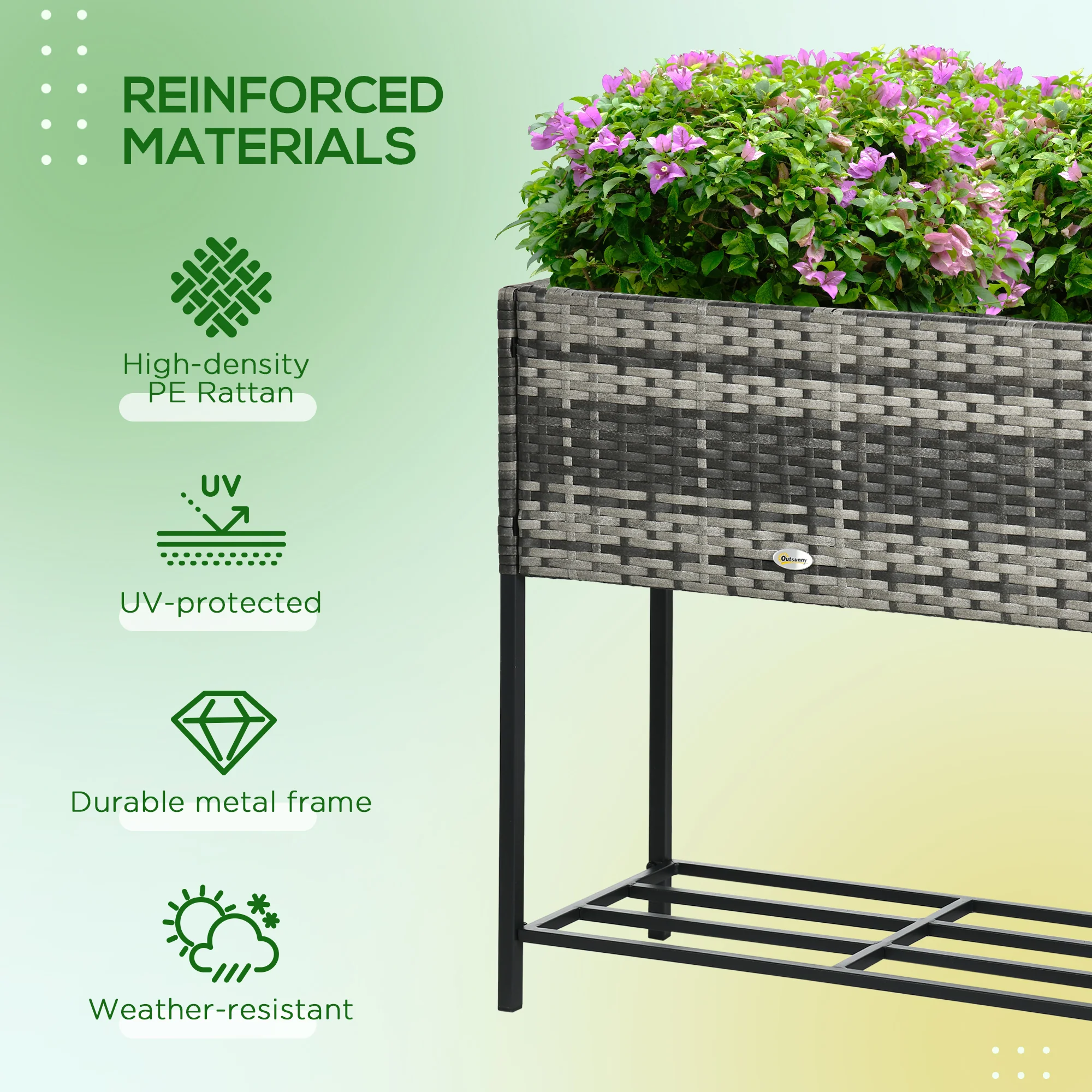 PE Rattan Raised Planter Bed with Tool Storage Shelf for Plants, Flowers, Herbs, Gray - Image 7