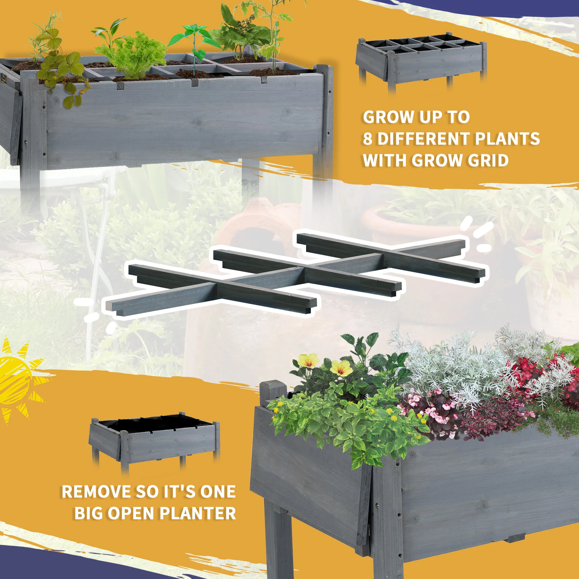 Elevated Garden Bed with 8 Grow Grids, with Storage Shelf & Lockable Wheels, Gray - Image 6