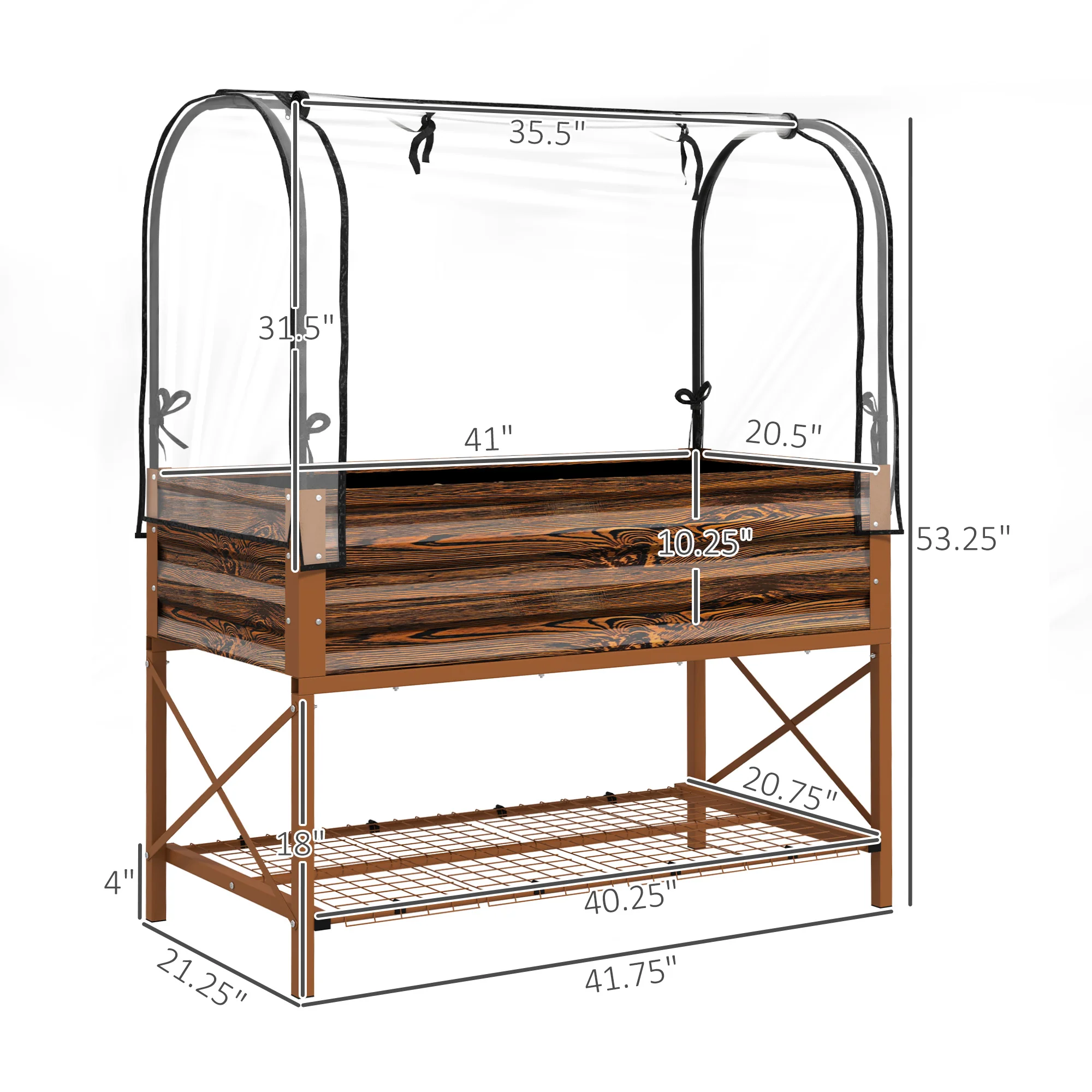 Metal Elevated Garden Bed with Cover & Bottom Shelf for Backyard, 41.75" x 21.25" x 53.25", Brown - Image 5