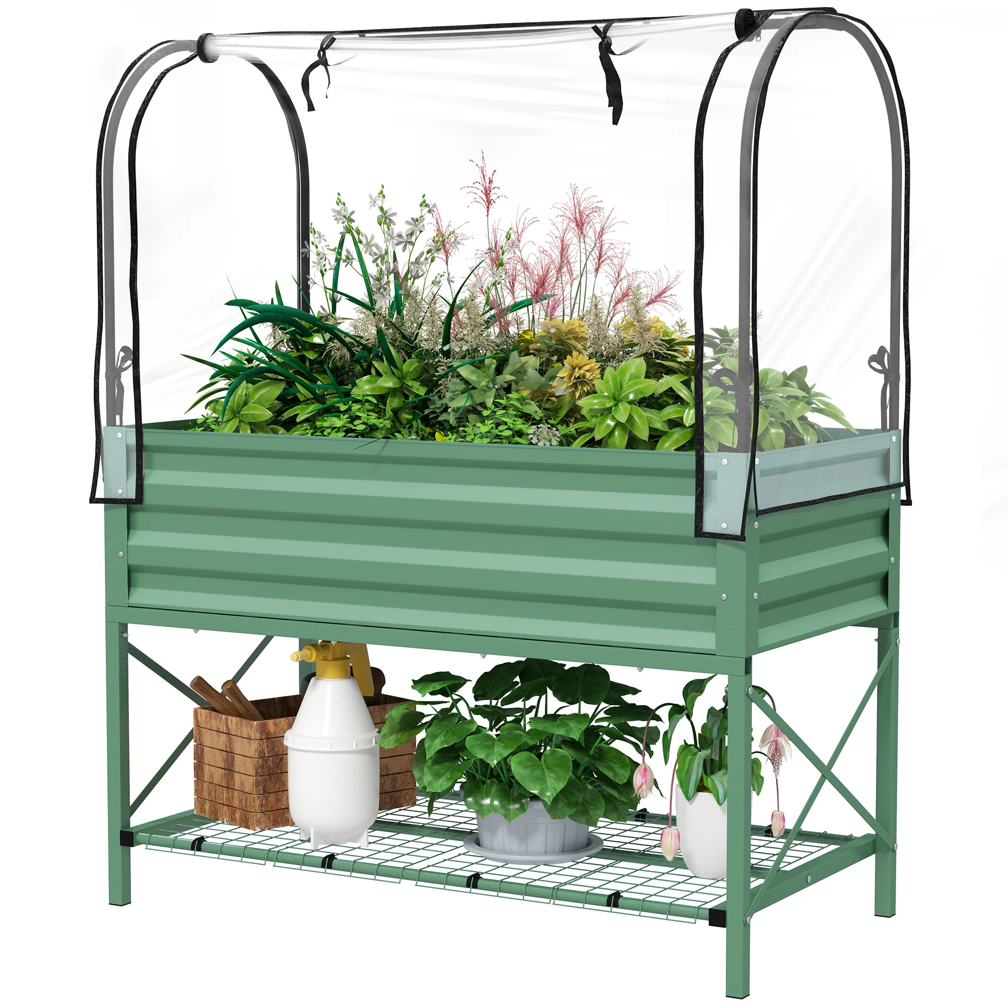 Metal Elevated Garden Bed with Cover & Bottom Shelf for Backyard, 41.75" x 21.25" x 53.25", Green - Image 2