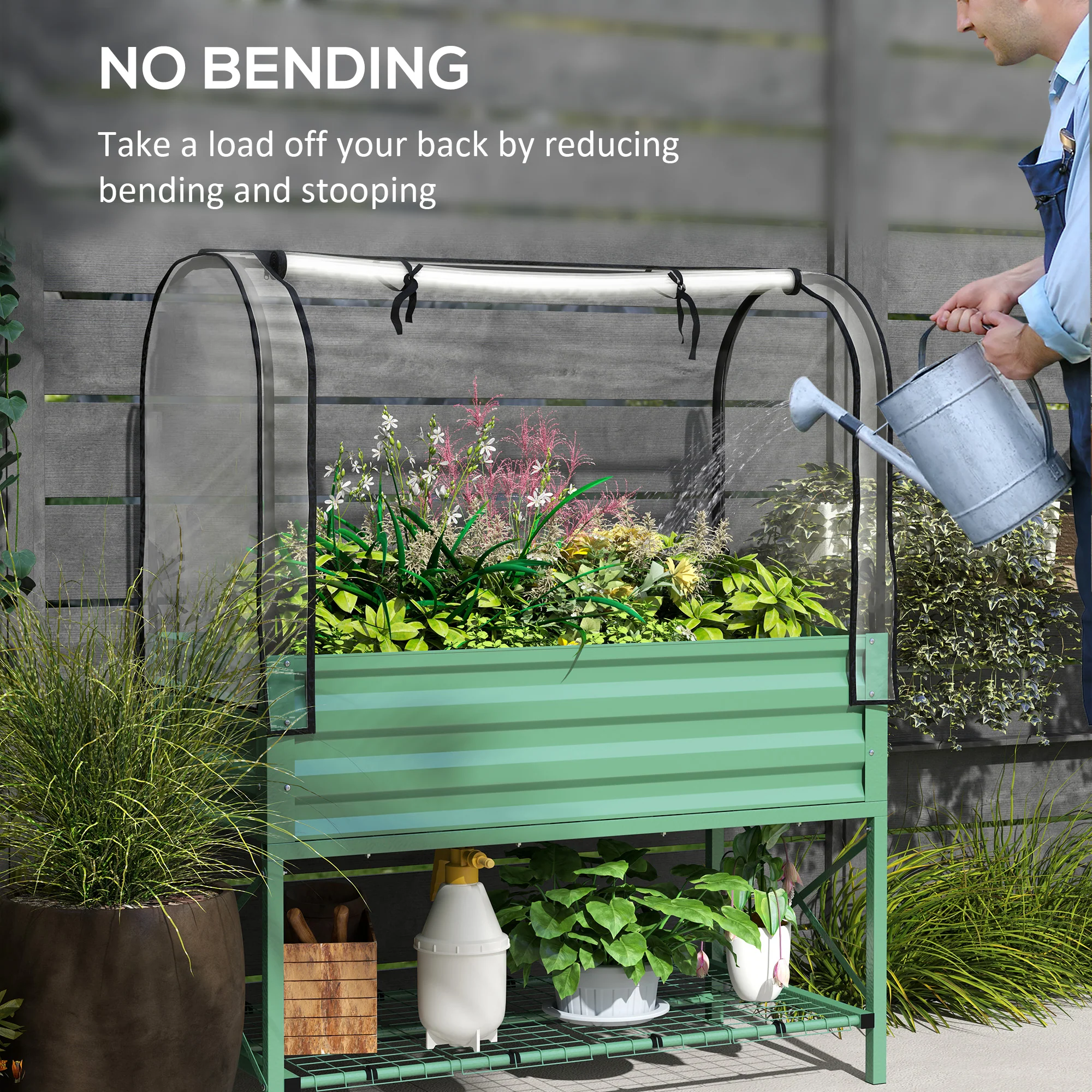 Metal Elevated Garden Bed with Cover & Bottom Shelf for Backyard, 41.75" x 21.25" x 53.25", Green - Image 9