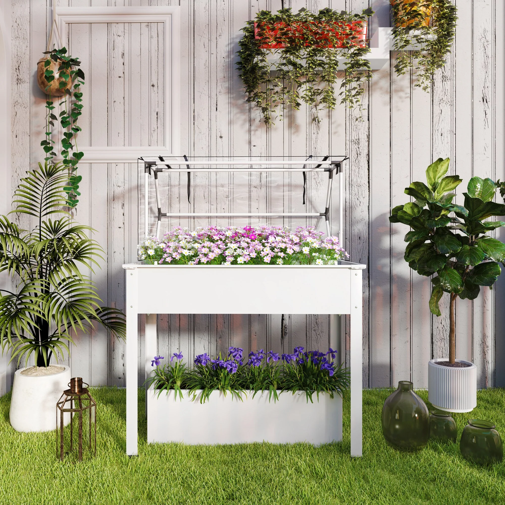 Raised Garden Bed with Flip-Up Greenhouse Cover & Drainage Hole for Plants or Vegetables, White - Image 10