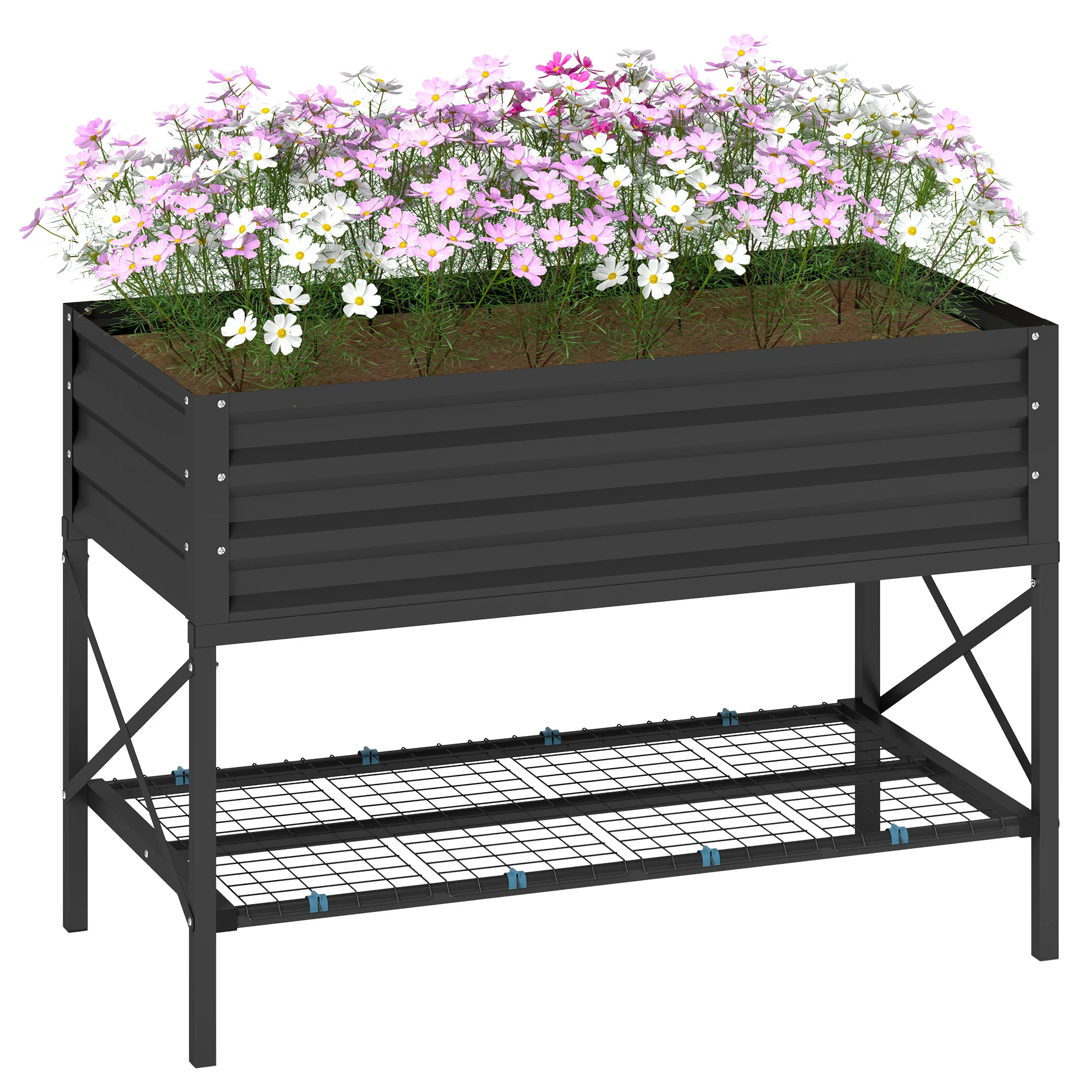 Galvanized Steel Raised Garden Bed, Planter Box with Storage Shelf & Bed Liner, Dark Gray