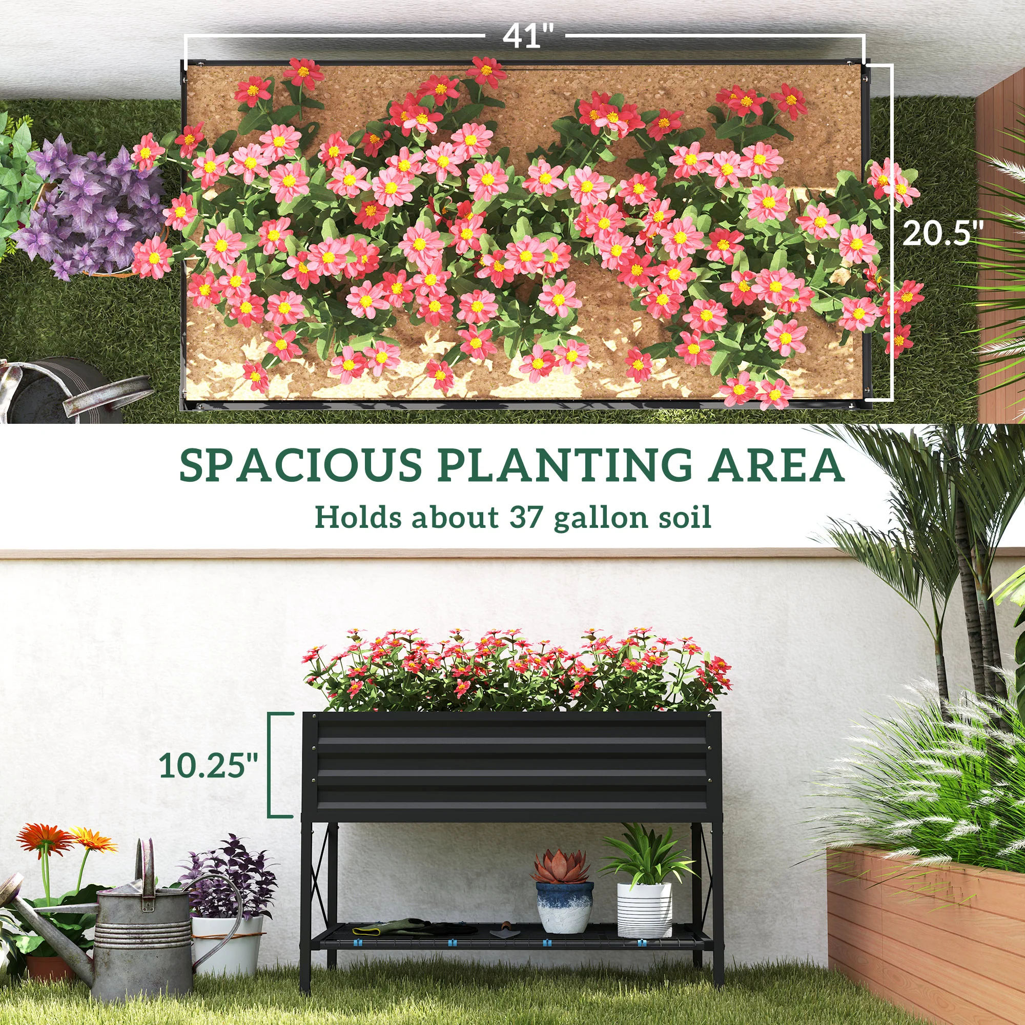 Galvanized Steel Raised Garden Bed, Planter Box with Storage Shelf & Bed Liner, Dark Gray - Image 6