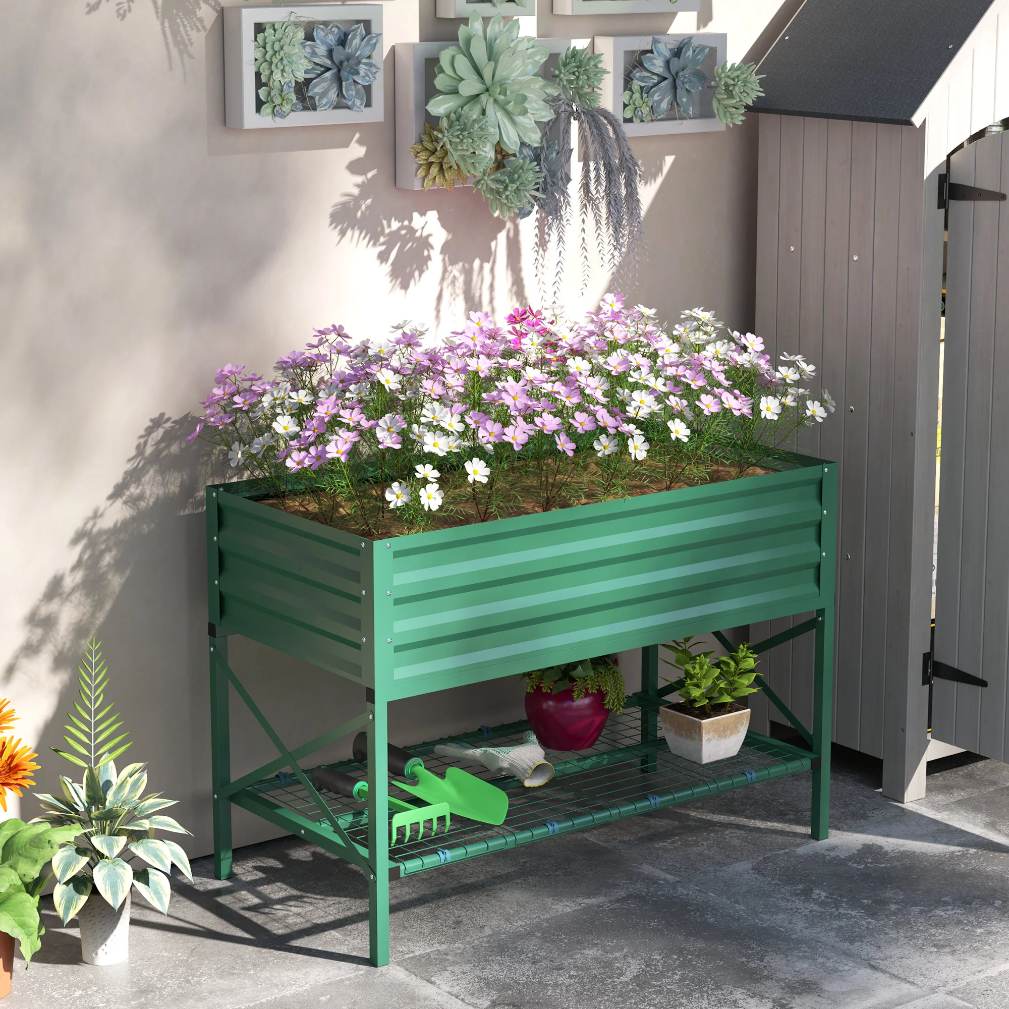Galvanized Steel Raised Garden Bed, Planter Box with Legs, Storage Shelf, Bed Liner, Green - Image 4