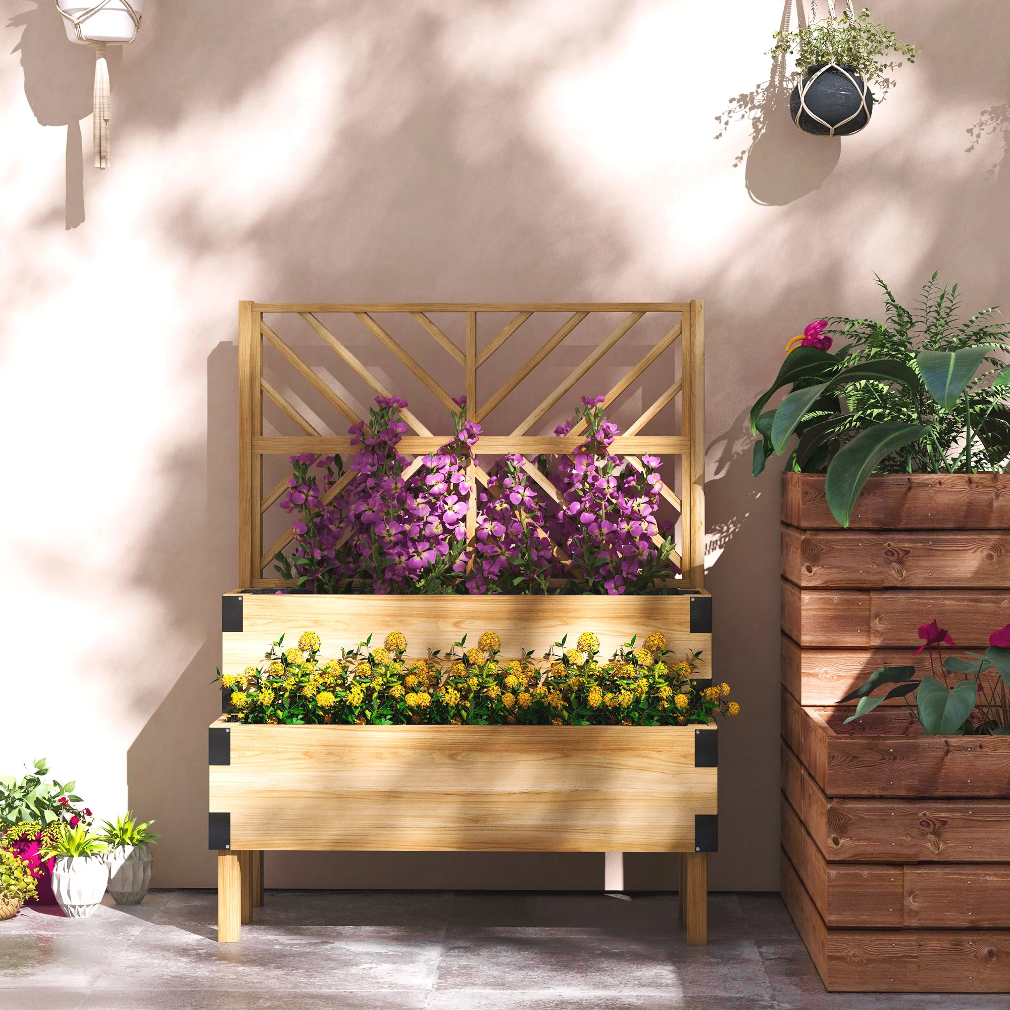Raised Garden Bed with Trellis, 2 Tier Wooden Elevated Planter Box with Legs and Metal Corners for Vegetables, Flowers, Herbs, Natural - Image 3