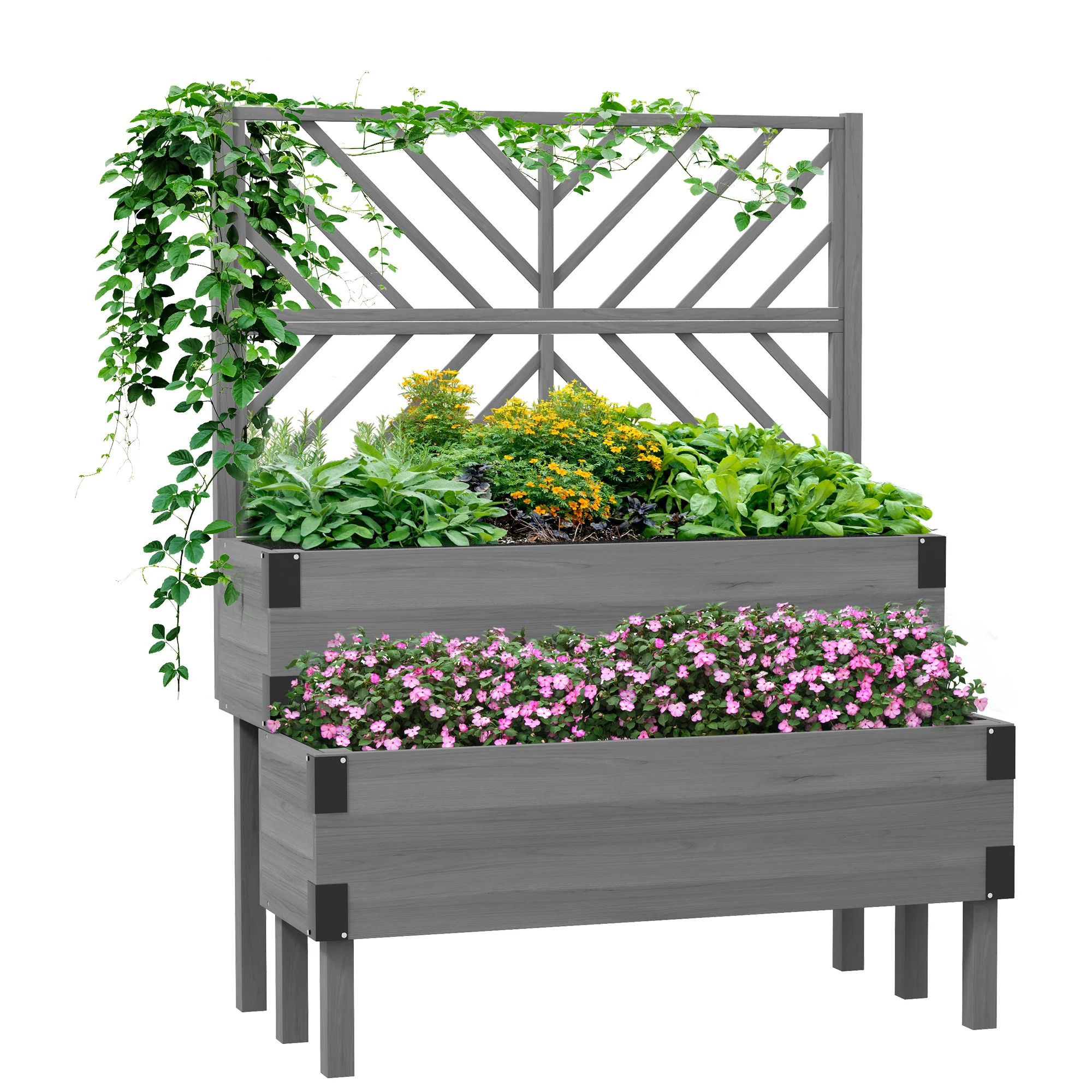 Raised Garden Bed with Trellis, 2 Tier Wooden Elevated Planter Box with Legs and Metal Corners for Vegetables, Flowers, Herbs, Gray