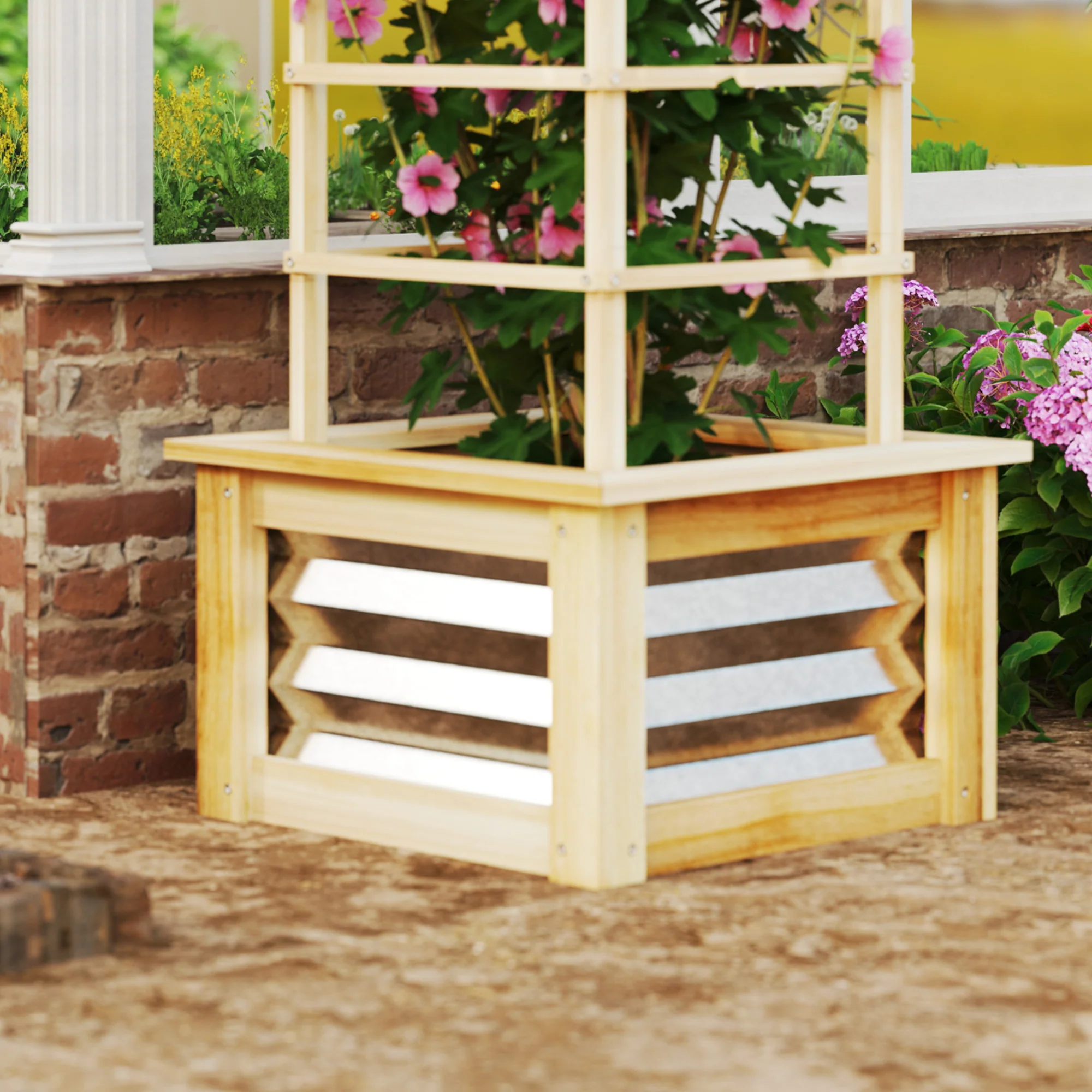 Raised Garden Bed with Trellis, Wooden Planter Box with Galvanized Steel Sides, Raised Flower Bed for Climbing Plants, Flowers, Fruits and Vegetables, Natural Wood - Image 10