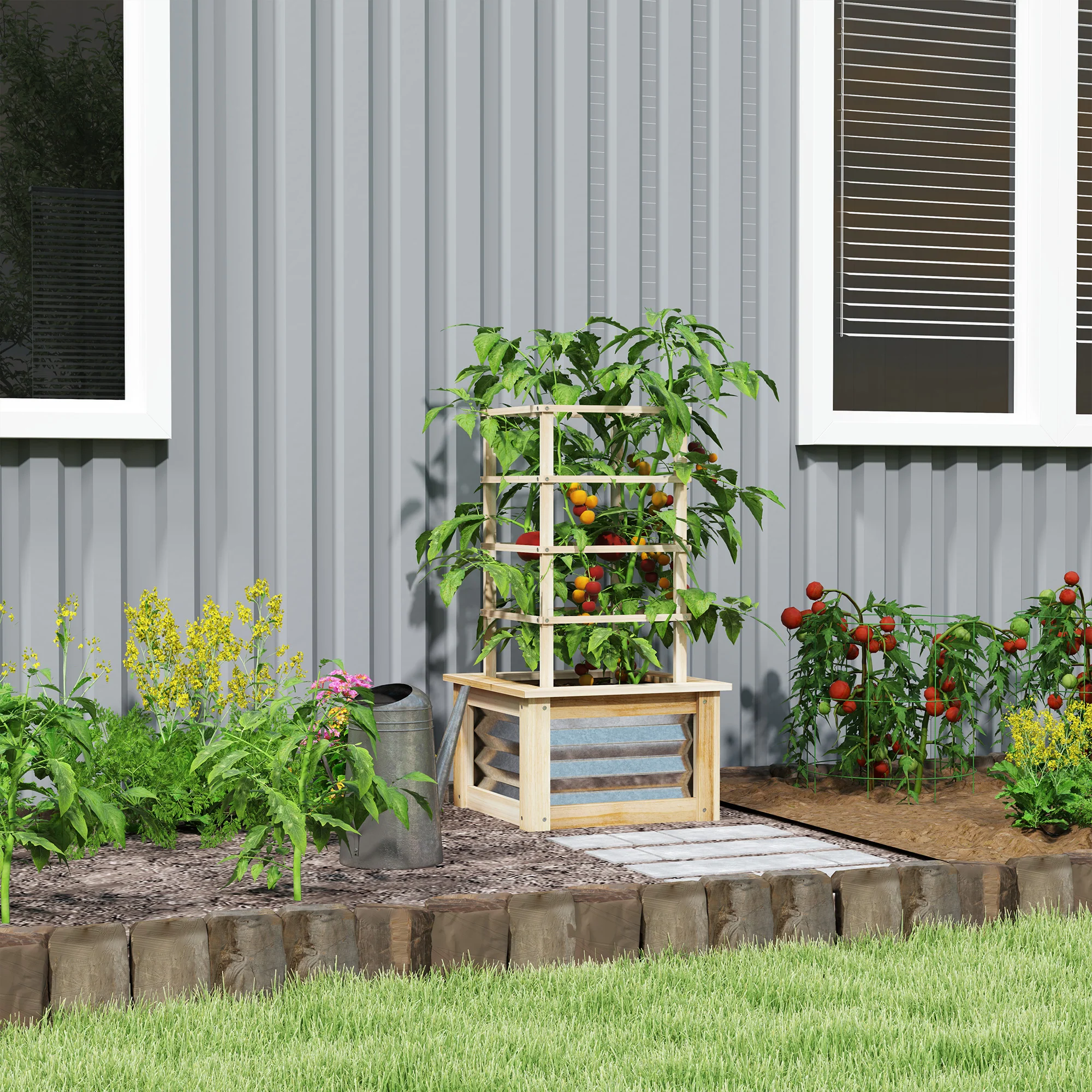 Raised Garden Bed with Trellis, Wooden Planter Box with Galvanized Steel Sides, Raised Flower Bed for Climbing Plants, Flowers, Fruits and Vegetables, Natural Wood - Image 3