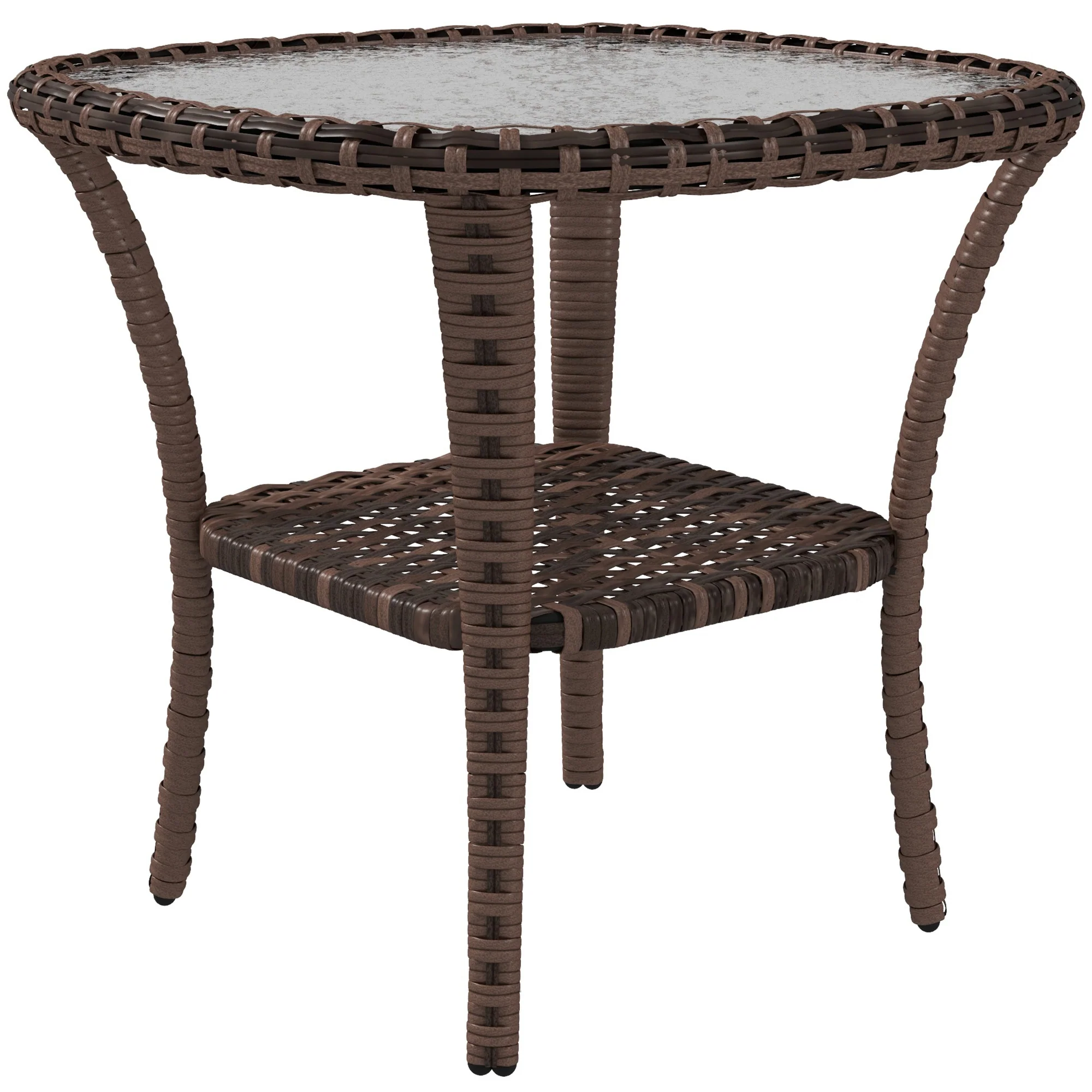 Rattan Coffee Table with Storage Shelf, Wicker Side Table with Glass Top, Mix Brown - Image 12