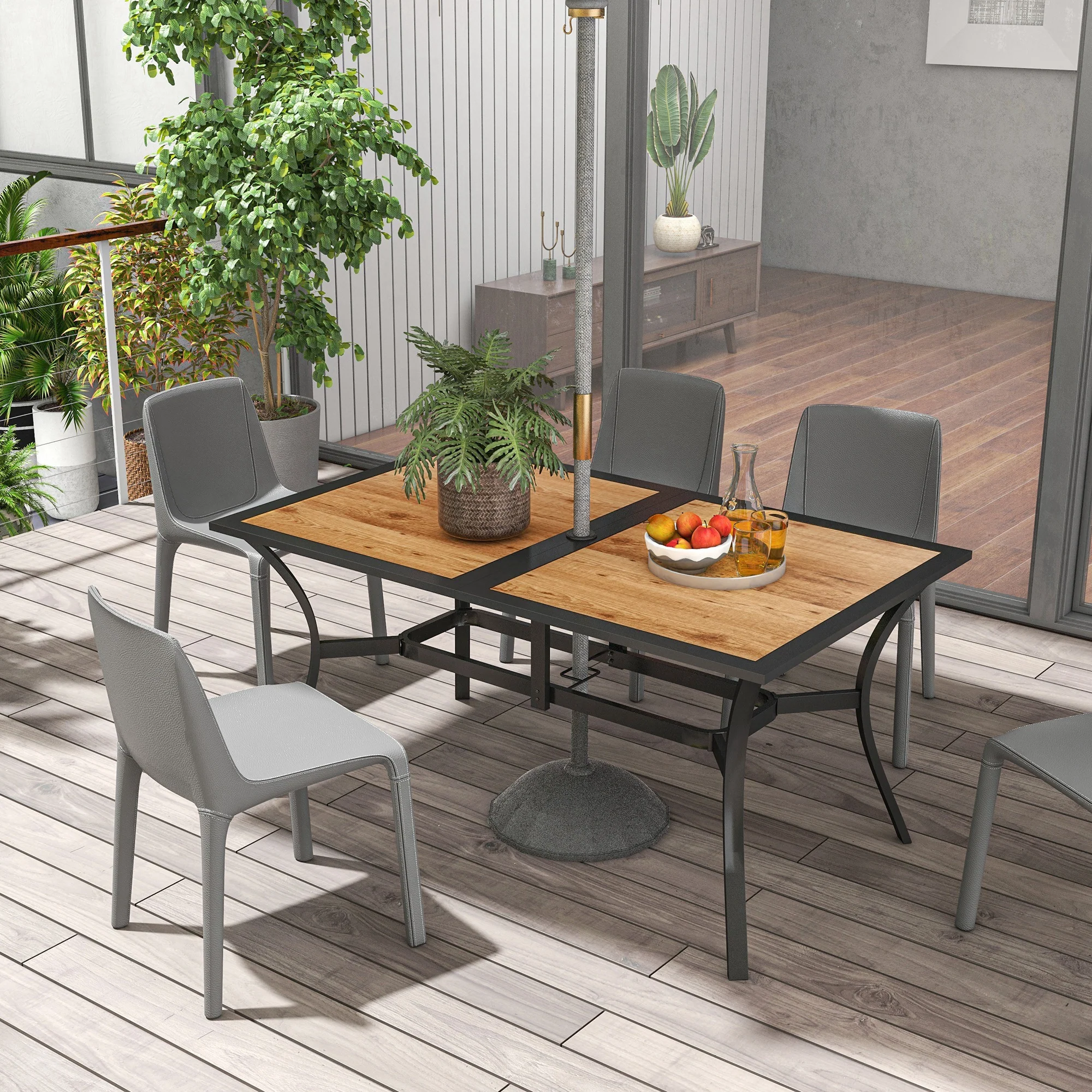59" x 35.5" Rectangular Outdoor Dining Table for 6 with Umbrella Hole, Brown - Image 4